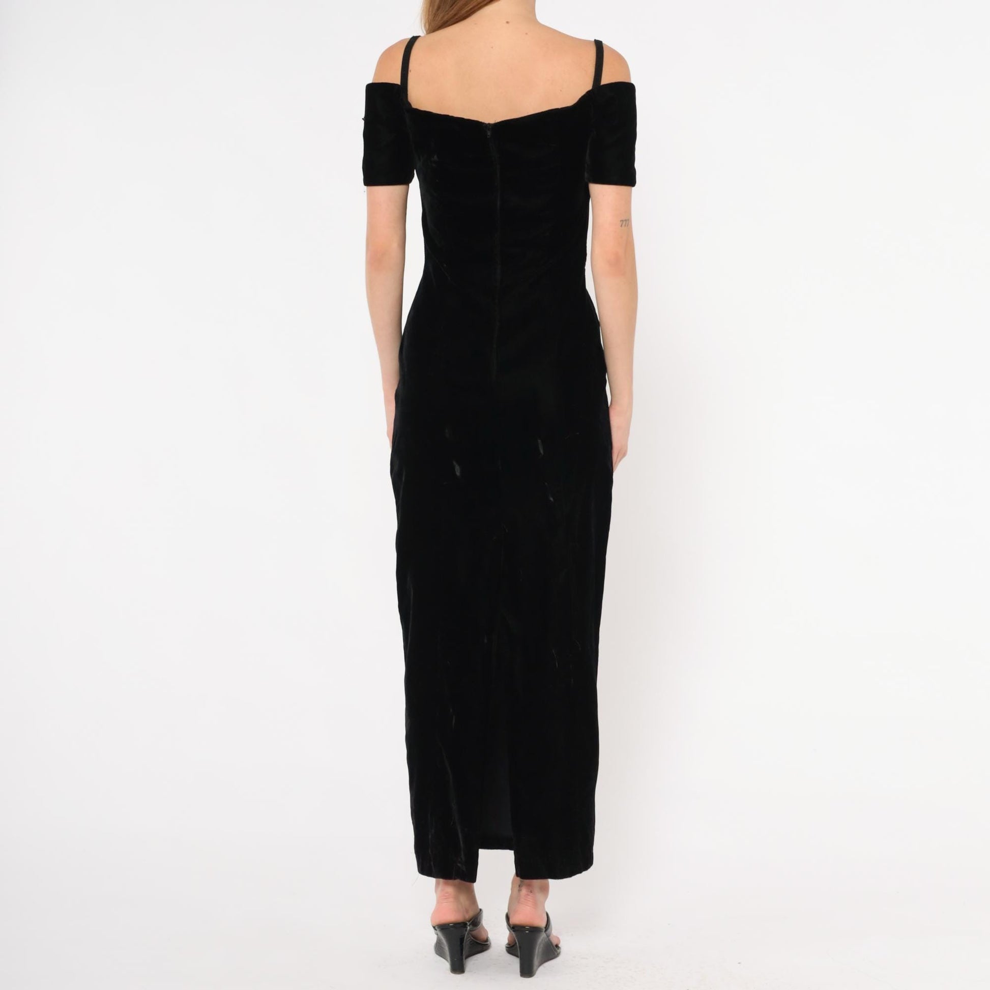 90s Rampage Black Velvet Maxi Gown Beaded Lace Off-Shoulder Extra Small XS