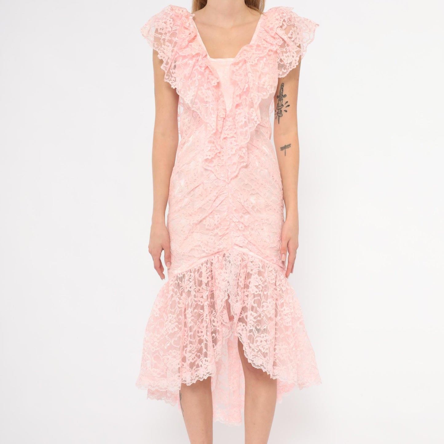 80s Pink Lace Midi Dress Floral Overlay Ruffled Cap Sleeves Small