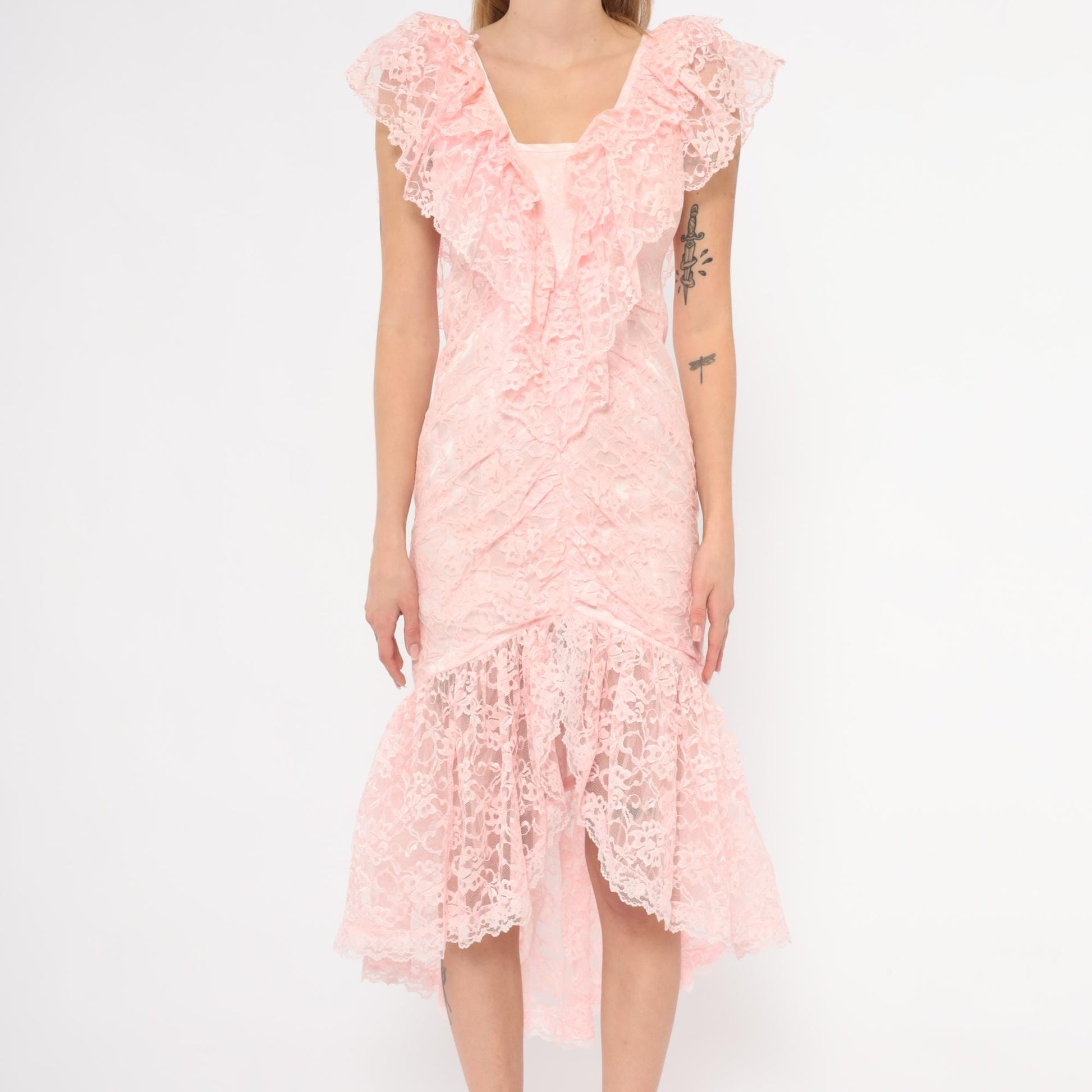 80s Pink Lace Midi Dress Floral Overlay Ruffled Cap Sleeves Small
