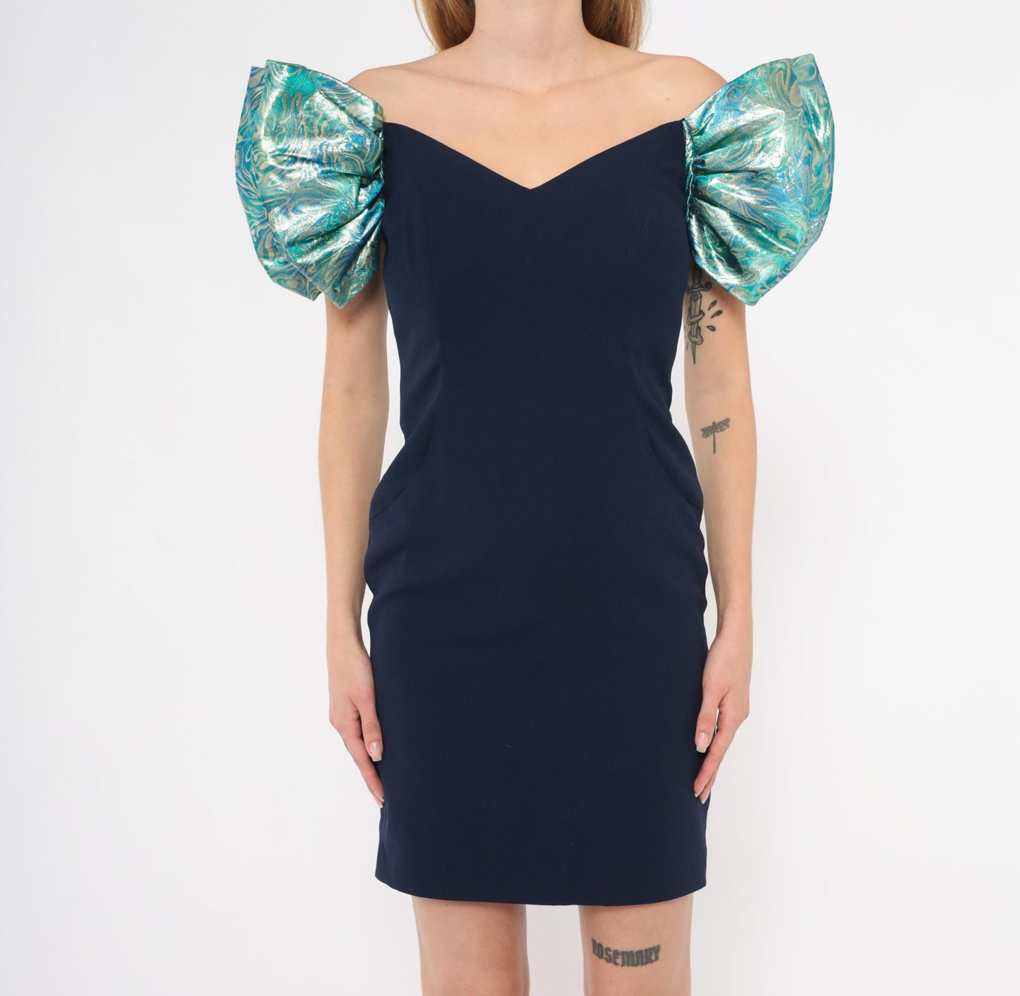 90s A.J. Bari Navy Metallic Puff Sleeve Mini Dress Sweetheart Neckline Small S