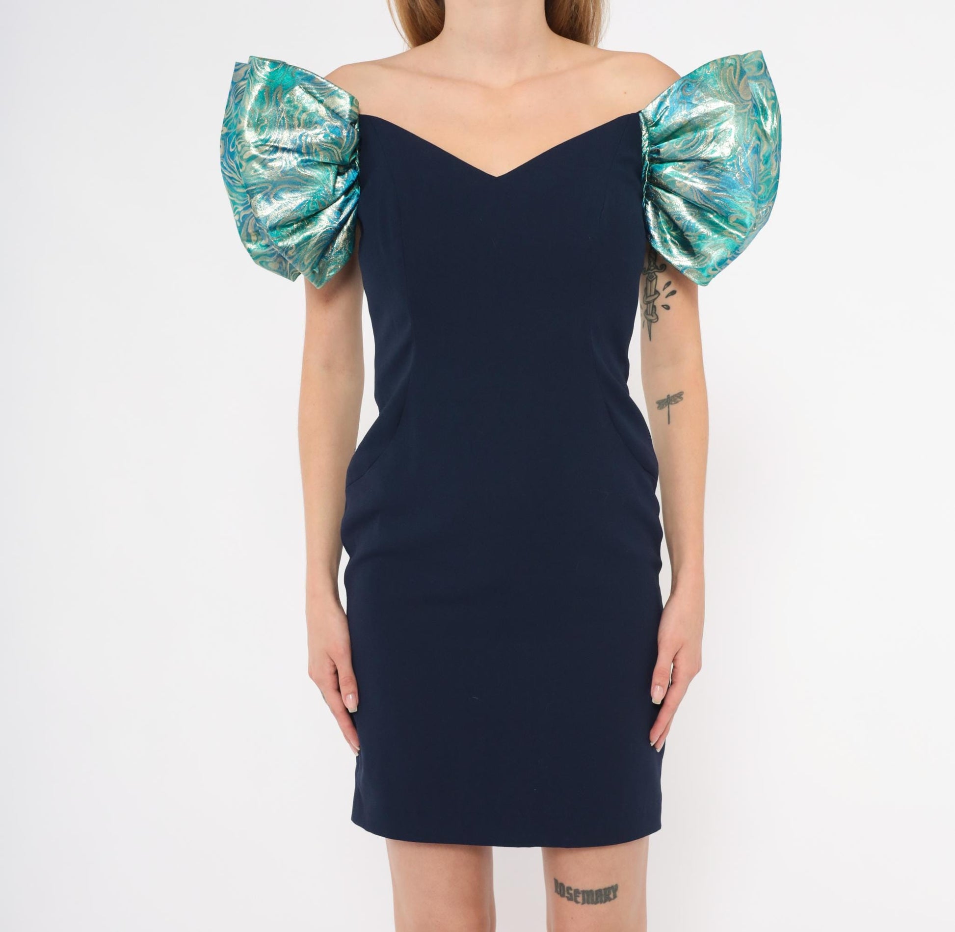 90s A.J. Bari Navy Metallic Puff Sleeve Mini Dress Sweetheart Neckline Small S