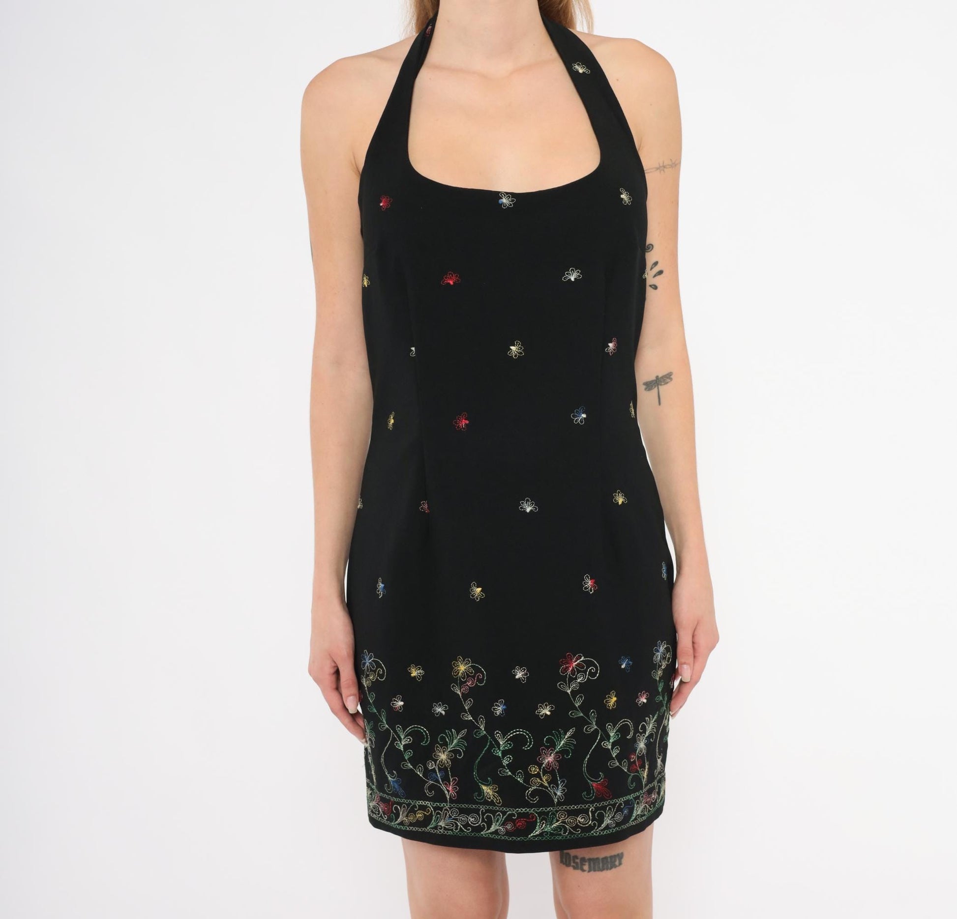 90s Hugo Buscati Black Halter Mini Dress Floral Embroidery Small Medium