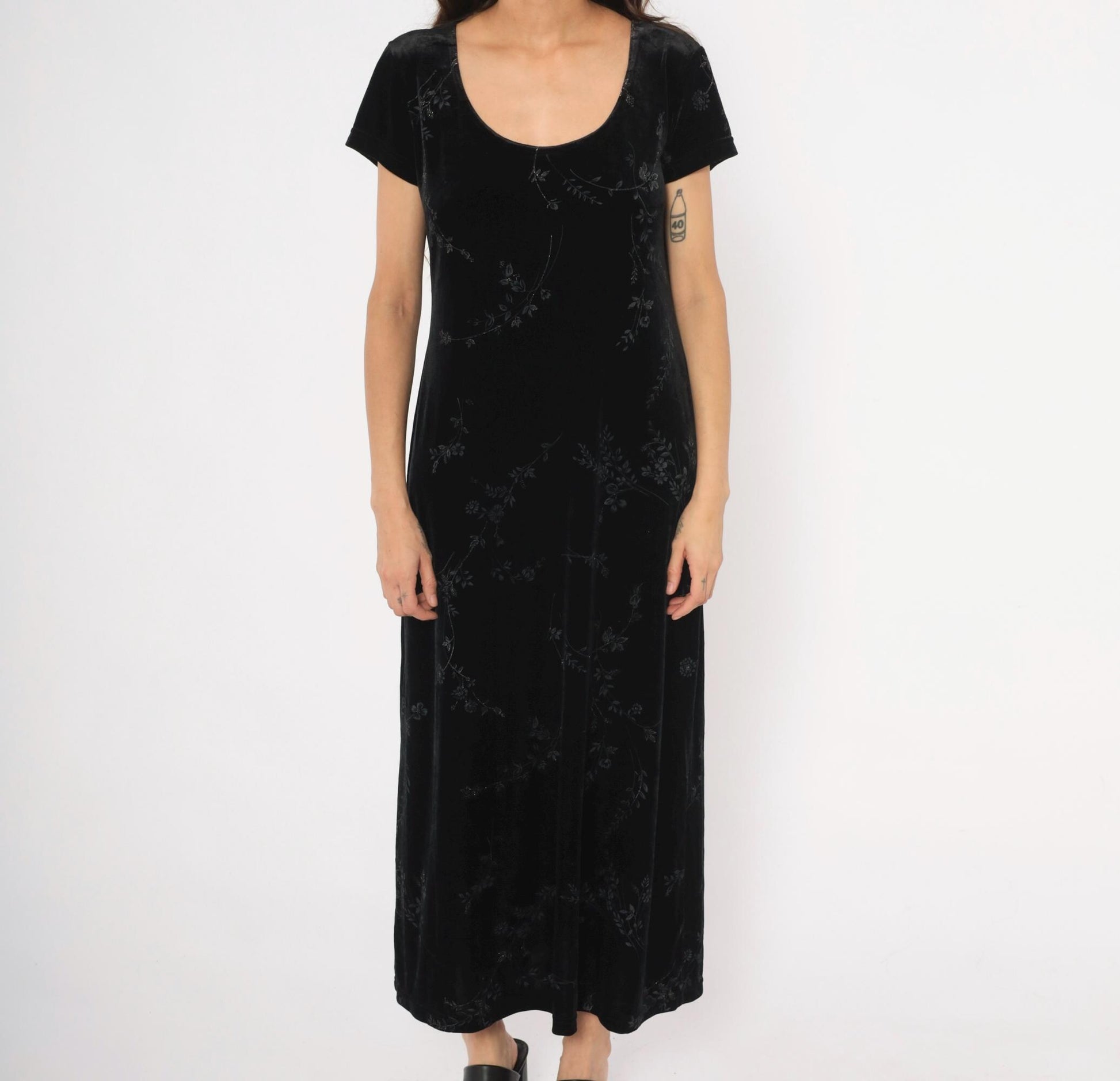 90s DJ & Co Black Velvet Maxi Dress Burnout Floral Short Sleeve Large L