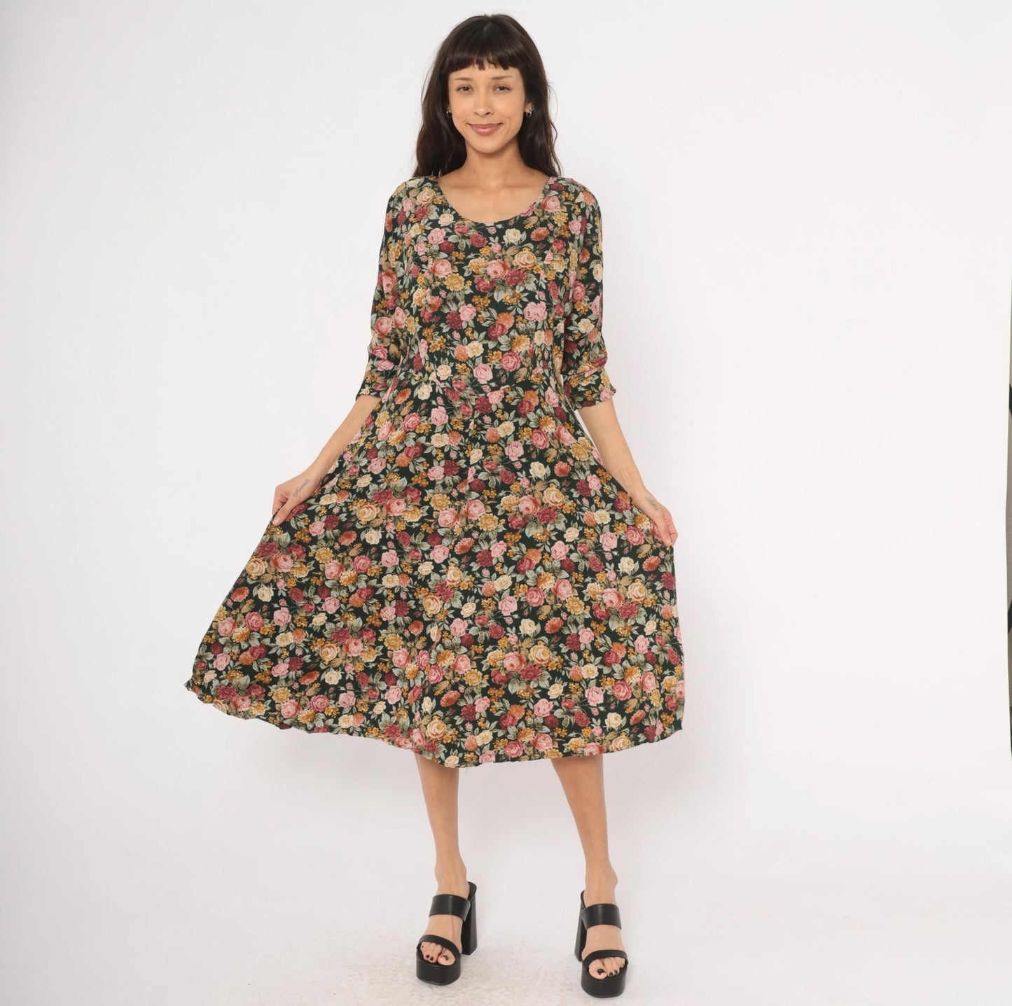 90s Paquette Floral Midi Dress Garden Rose Print Black Pink Burgundy Large L