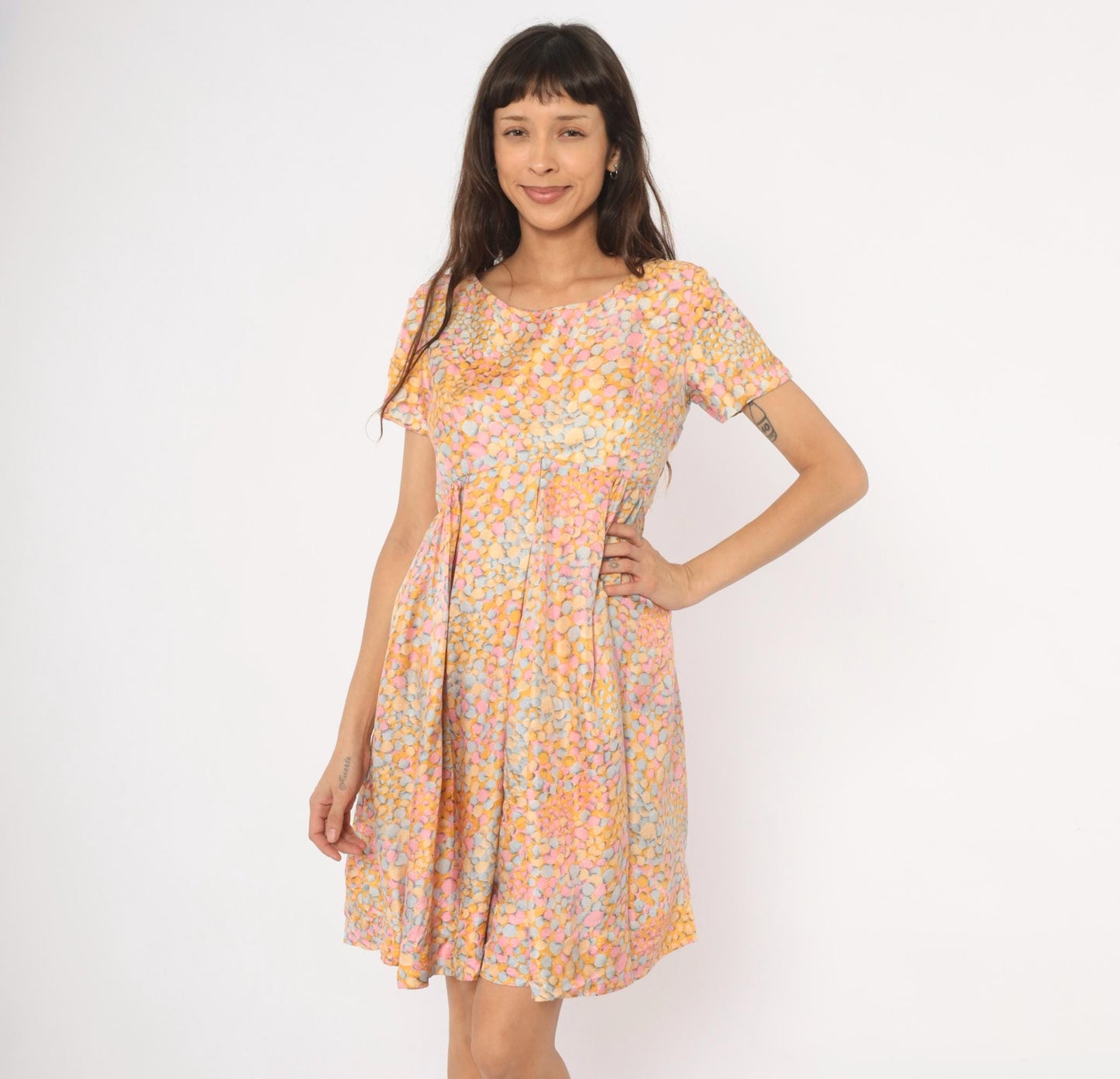 60s Silk Babydoll Dress Pebble Print Orange Pink Blue Mini Scoop Neck Medium M