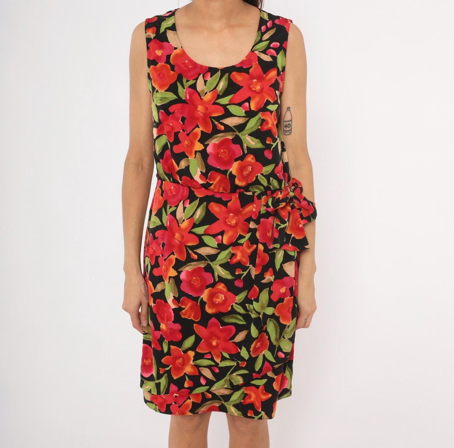 90s Sag Harbor Floral Wrap Dress Knee Length Black Red Tropical Medium M