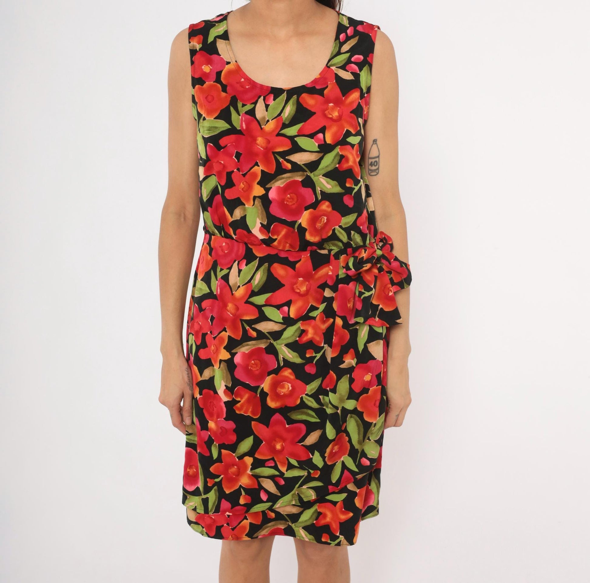 90s Sag Harbor Floral Wrap Dress Knee Length Black Red Tropical Medium M