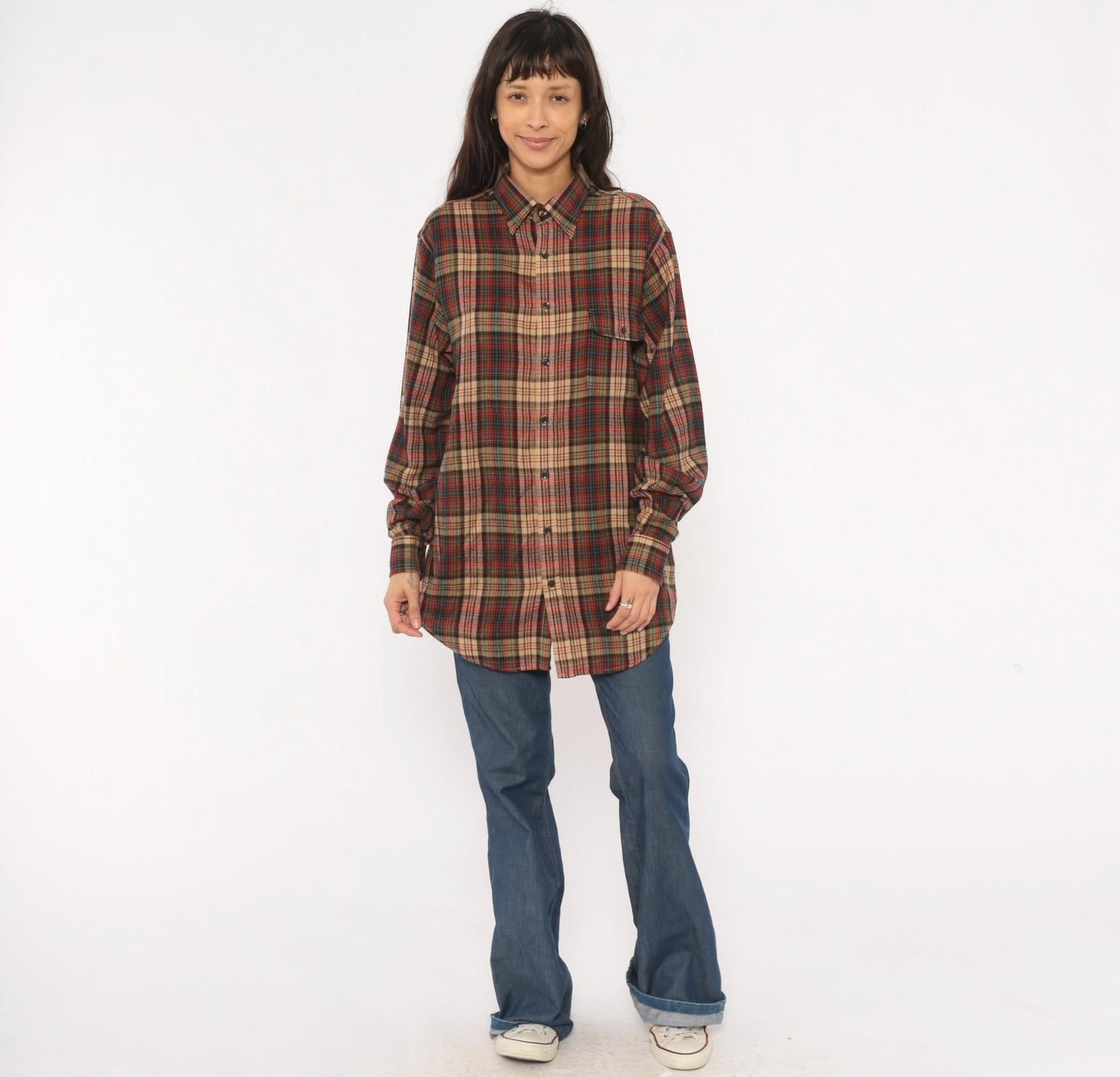 90s Enro Sportswear Plaid Flannel Shirt Burgundy Green Tartan Button-Up Large Tall