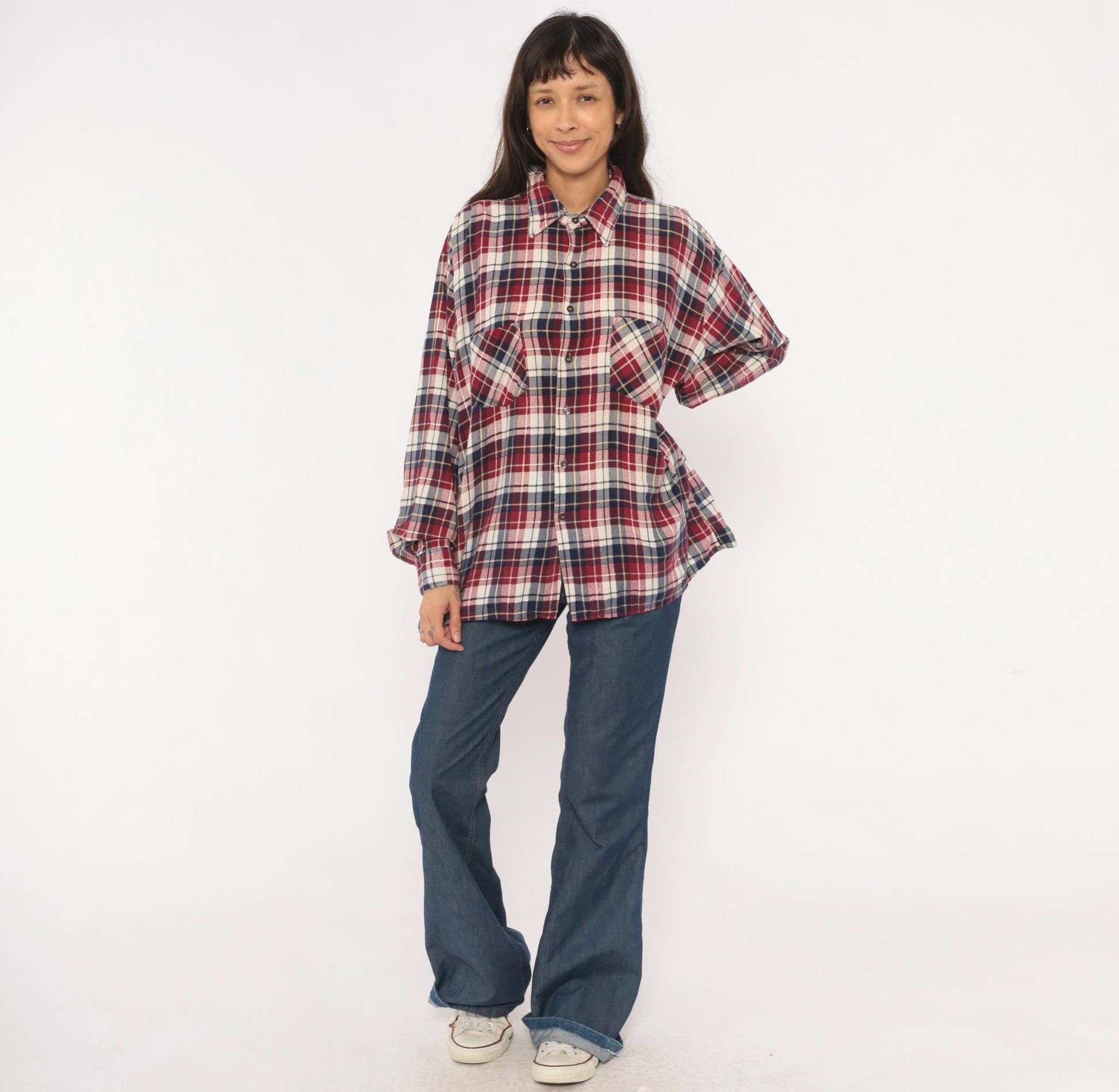 90s Dickies Flannel Shirt Red Navy Cream Plaid Cotton XL