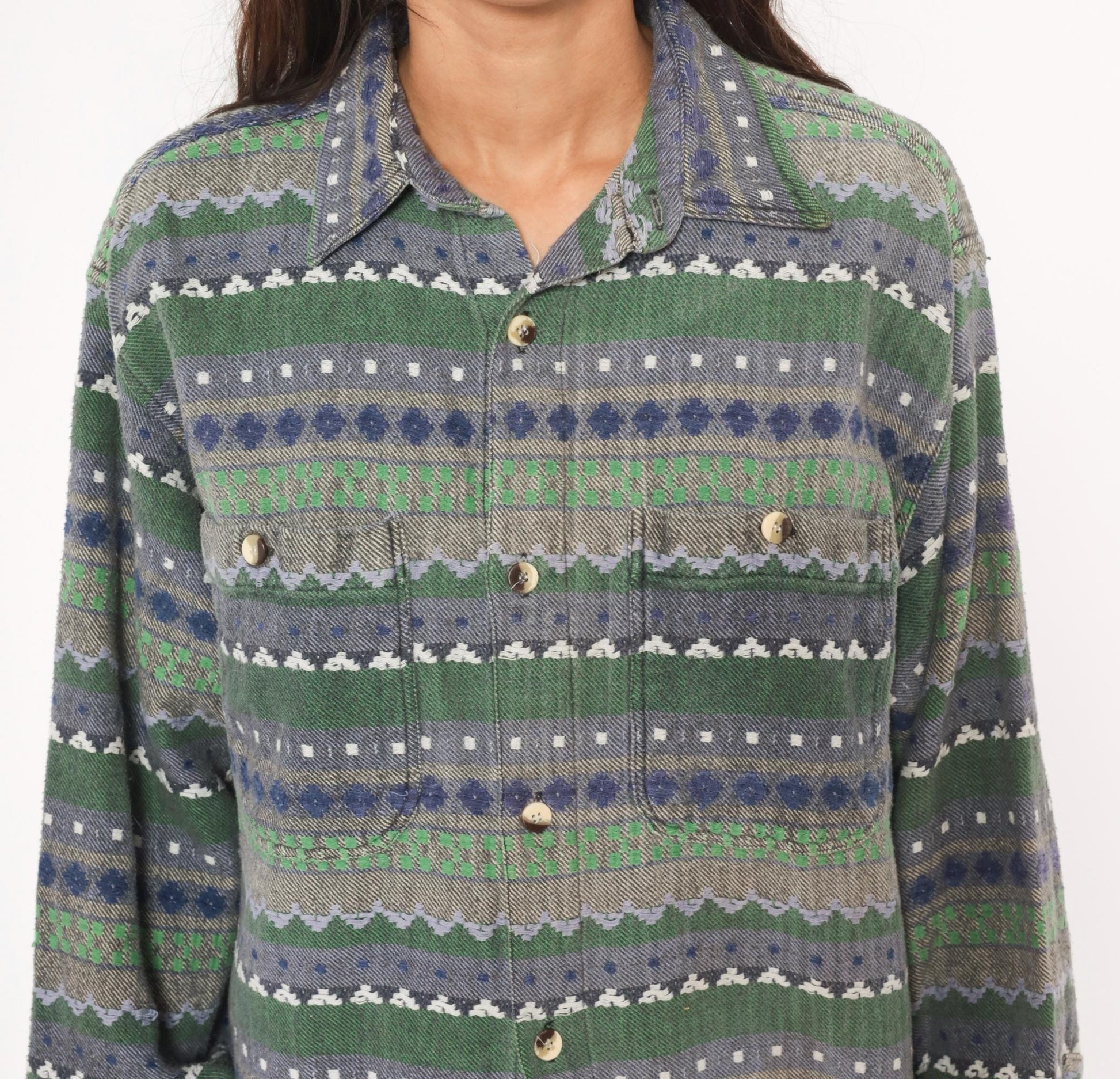 90s Point Zero Geometric Flannel Shirt Green Navy Jacquard Folk Pattern Medium
