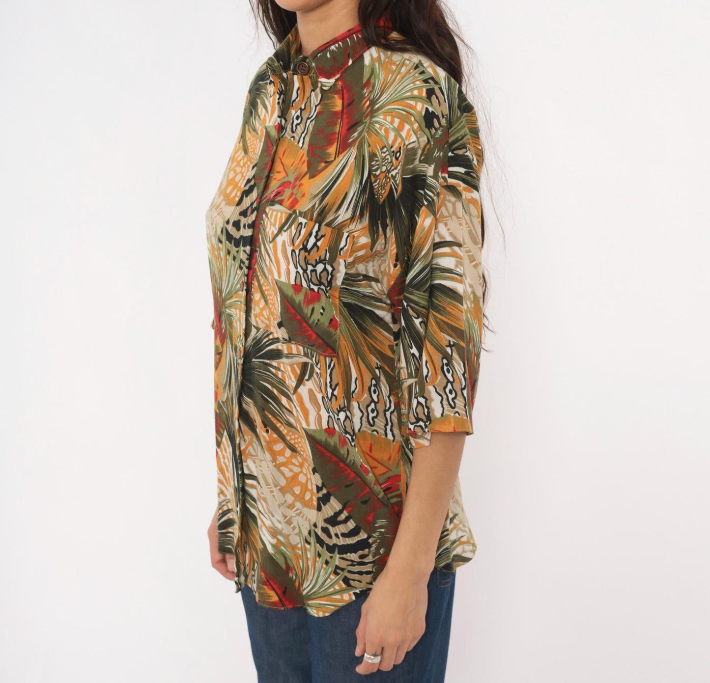 90s Touché LA Tropical Palm Leaf Print Shirt Mustard Olive Red Large L