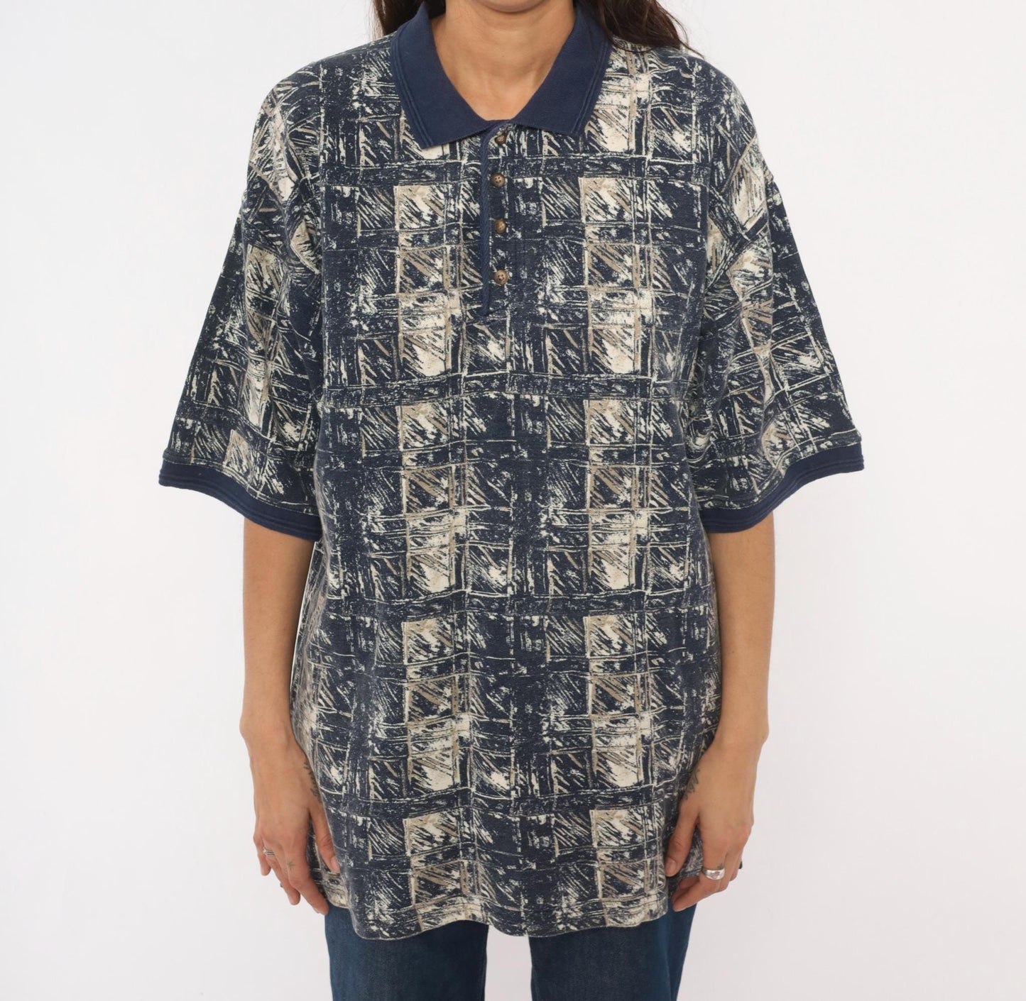 90s DB Classico Polo Navy Tan Abstract Brushstroke Cotton Shirt Large L