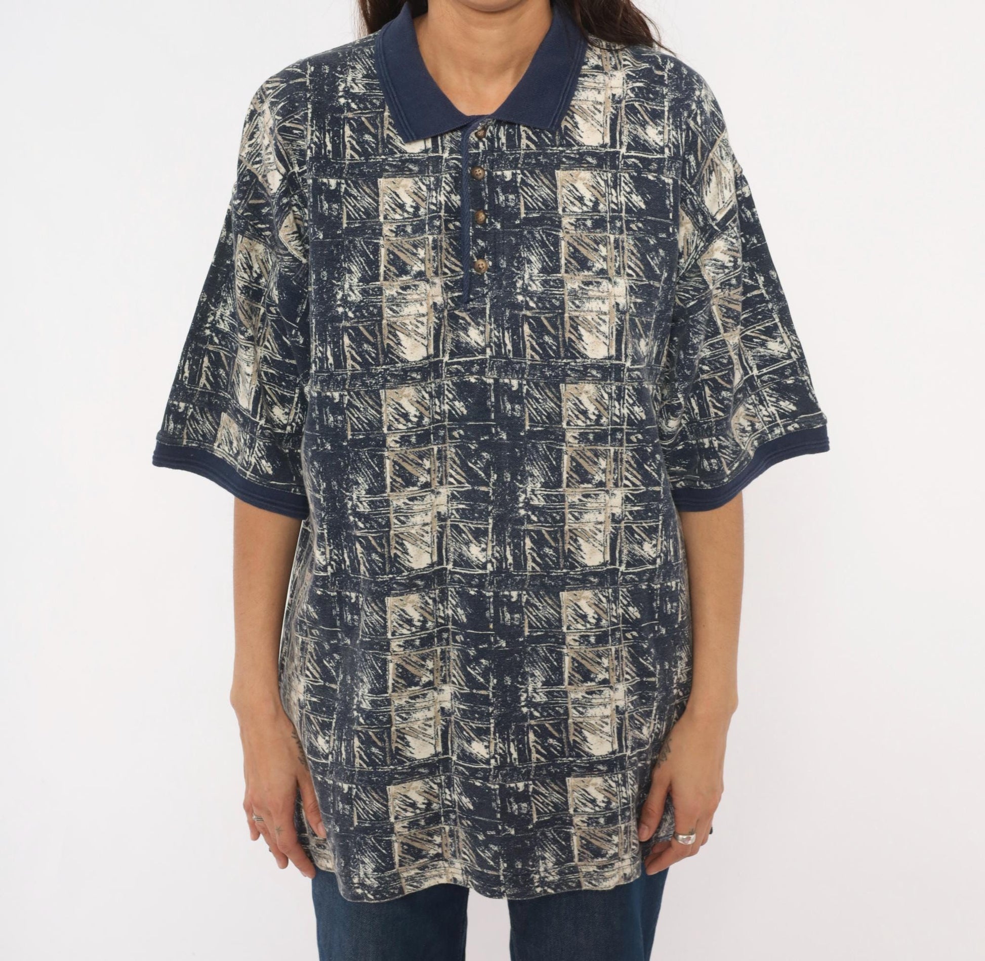 90s DB Classico Polo Navy Tan Abstract Brushstroke Cotton Shirt Large L