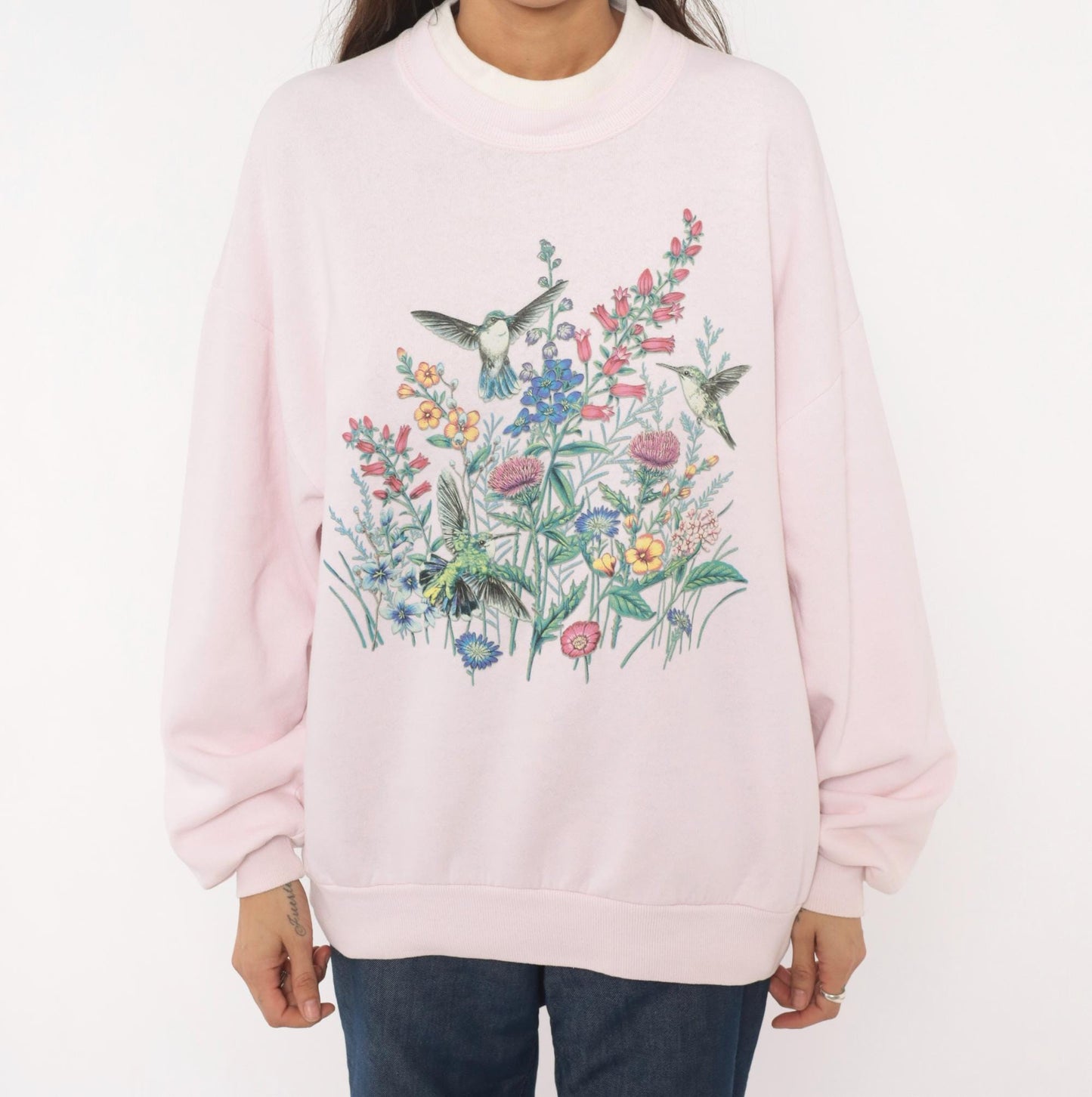 90s Jerzees Hummingbird Wildflower Sweatshirt Pink Crewneck Large L