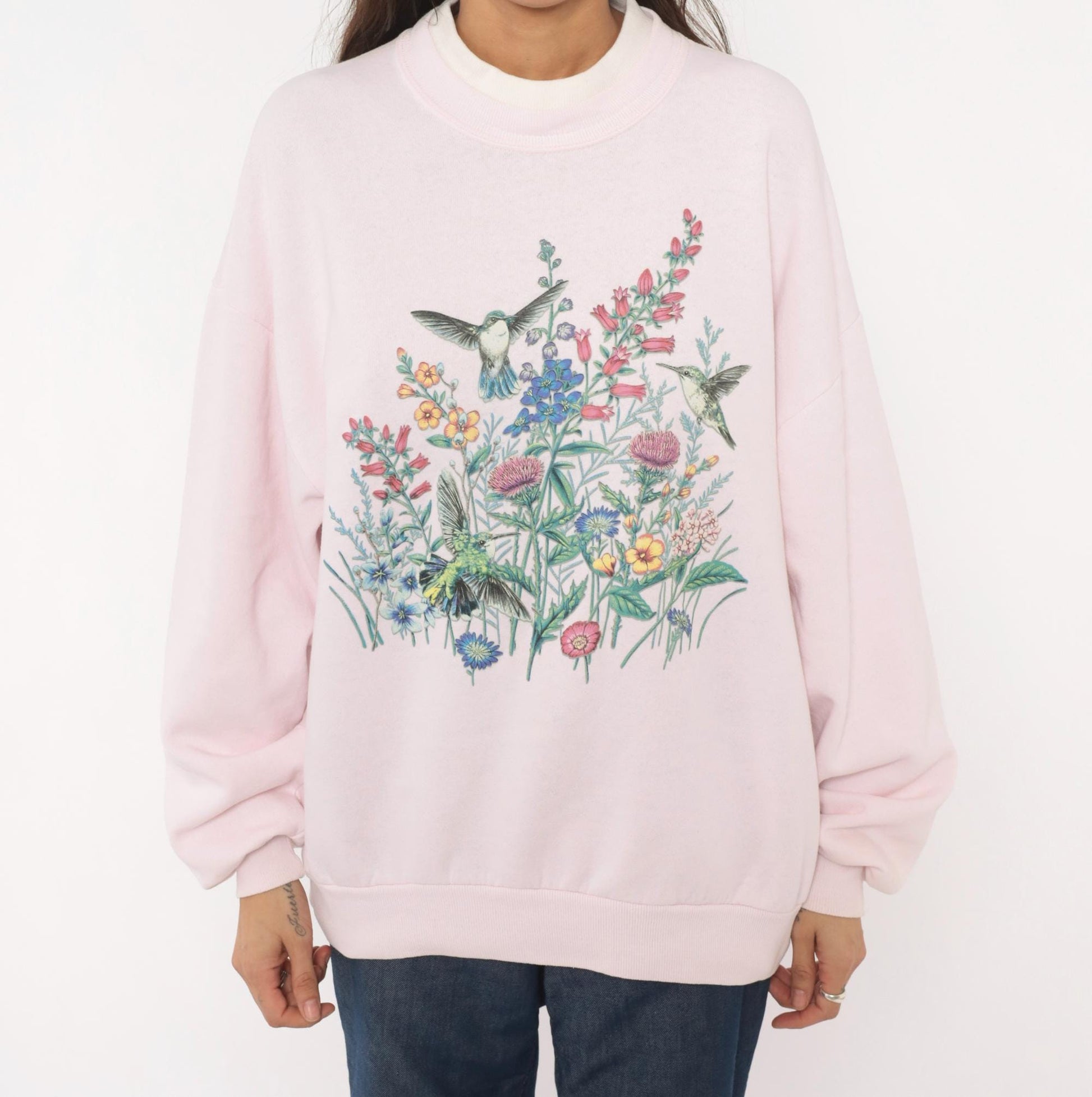 90s Jerzees Hummingbird Wildflower Sweatshirt Pink Crewneck Large L