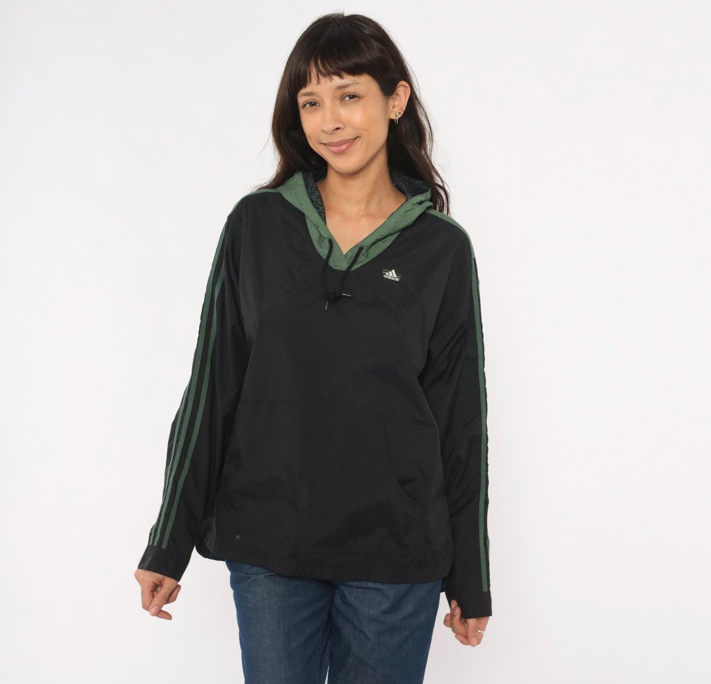 90s Adidas Pullover Windbreaker Black Olive Green Three Stripe Hooded Anorak Large L