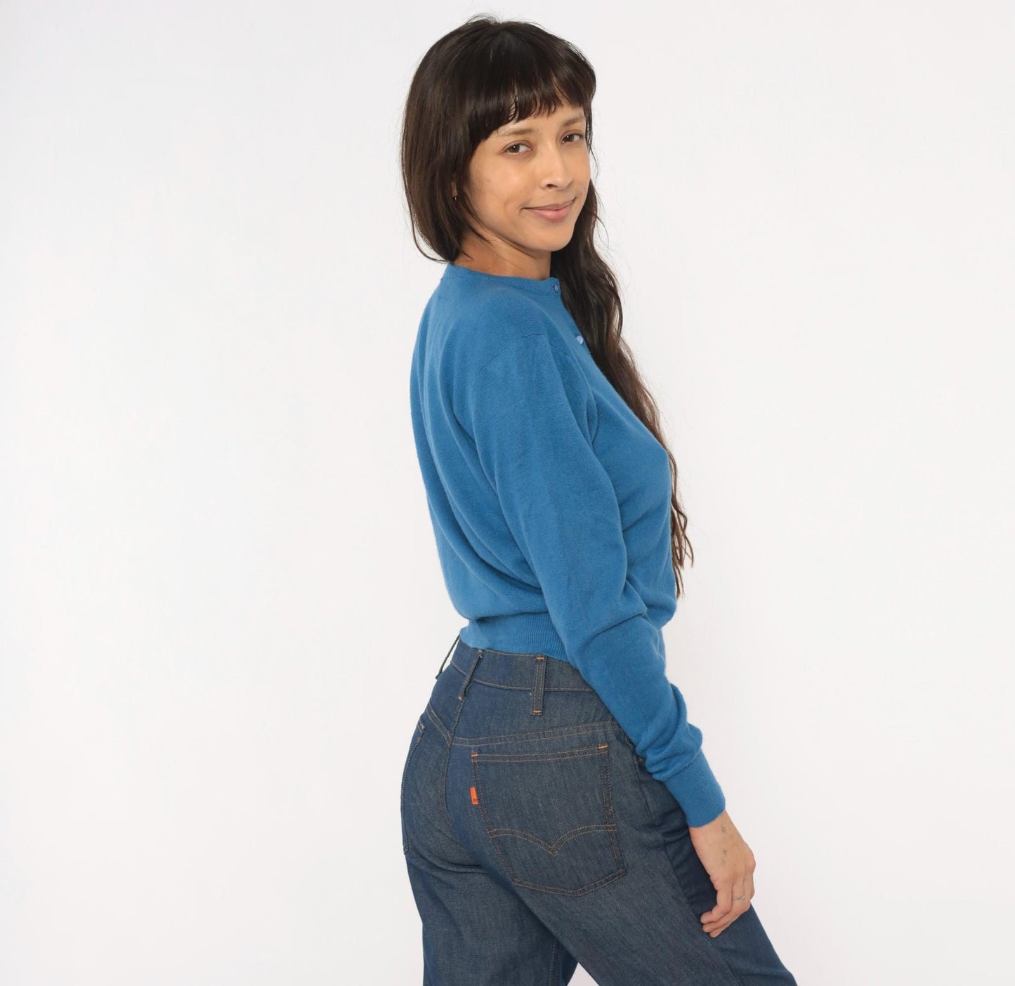 60s Joyce Lane Blue Cardigan Knit Sweater Cropped Ribbed Small S