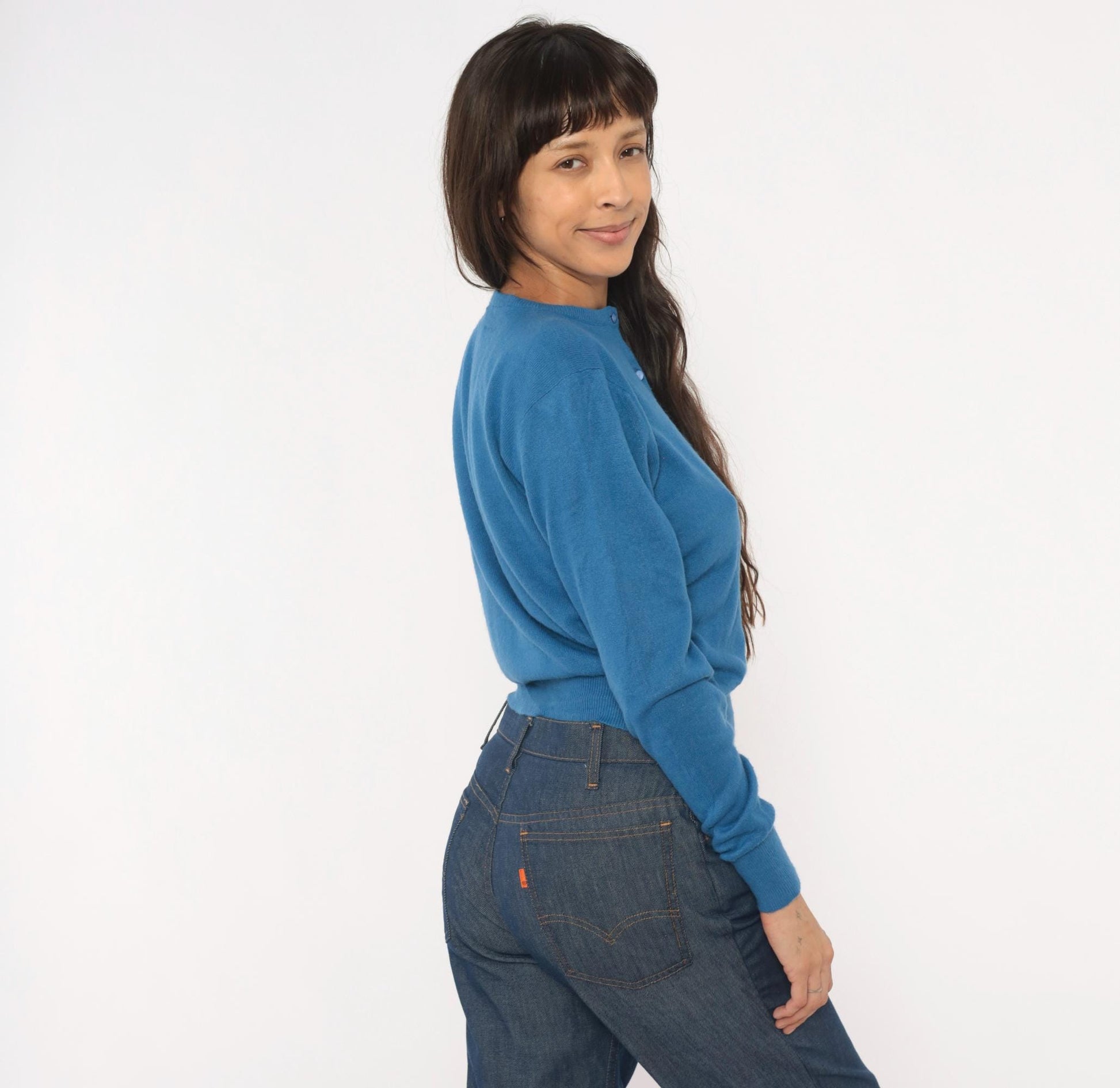 60s Joyce Lane Blue Cardigan Knit Sweater Cropped Ribbed Small S