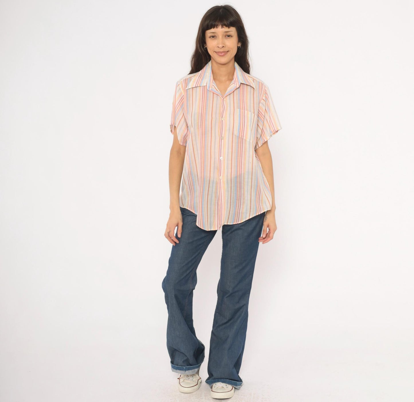 70s Brookdale Striped Camp Shirt Pastel Rainbow Cotton Notched Collar Medium