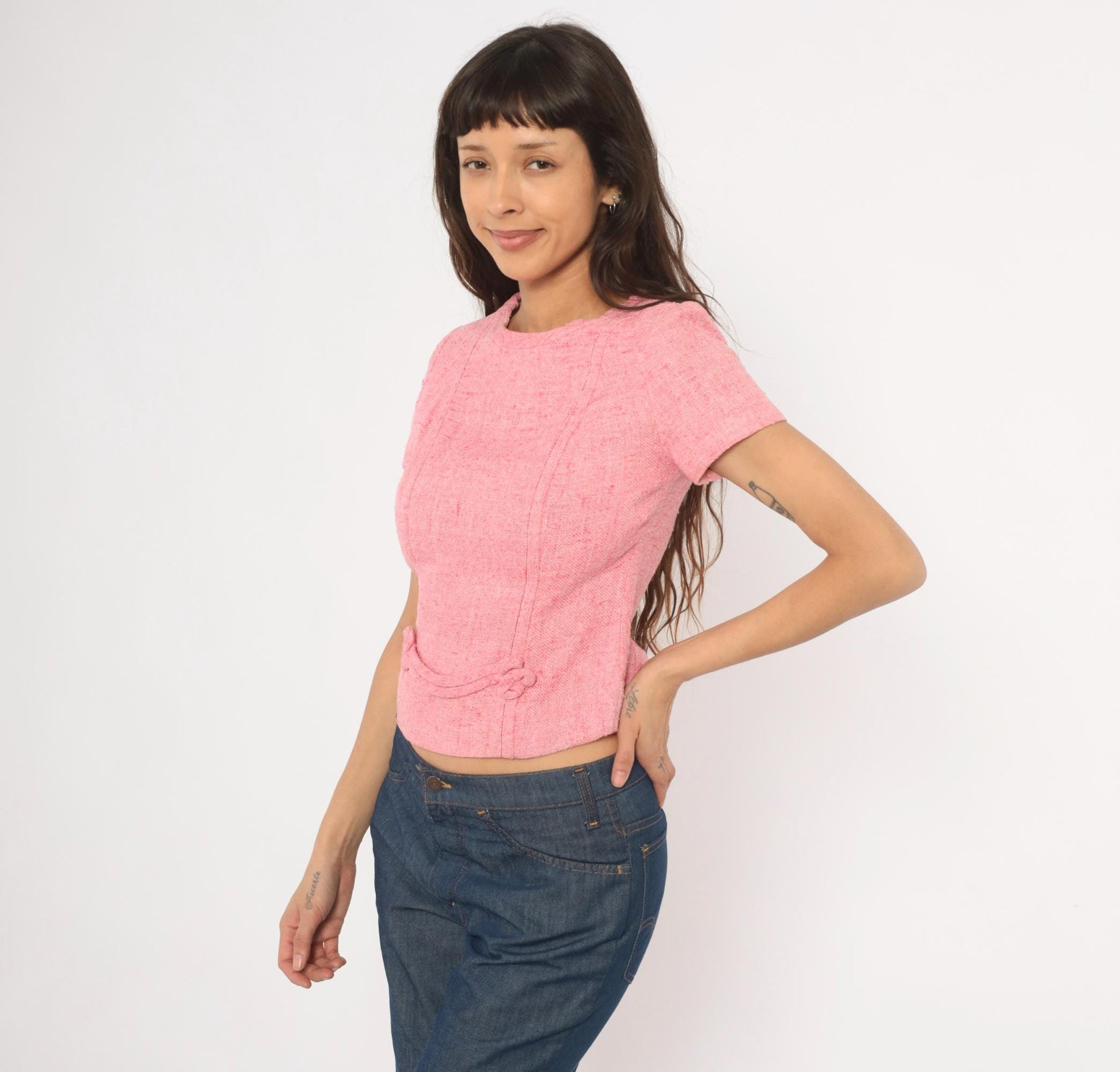 60s Pink Tweed Blouse Scoop Neck Bow Detail Fitted Waist Cotton Small