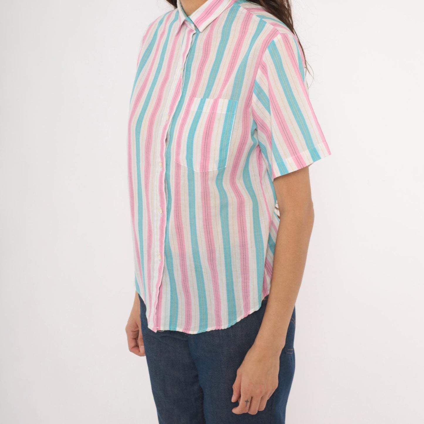 80s Shirtmakers Ltd. Candy Stripe Button-Up Blouse Pink Sky Blue Large L