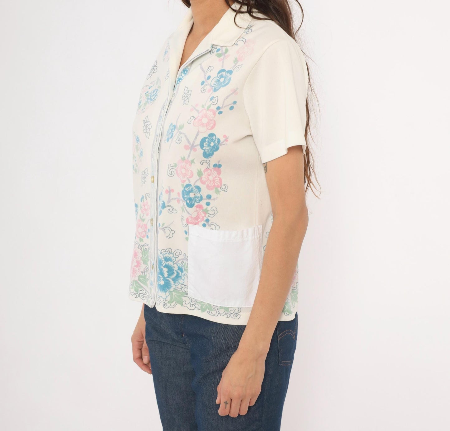 70s Cherry Blossom Peony Camp Collar Blouse Cream Floral Medium M