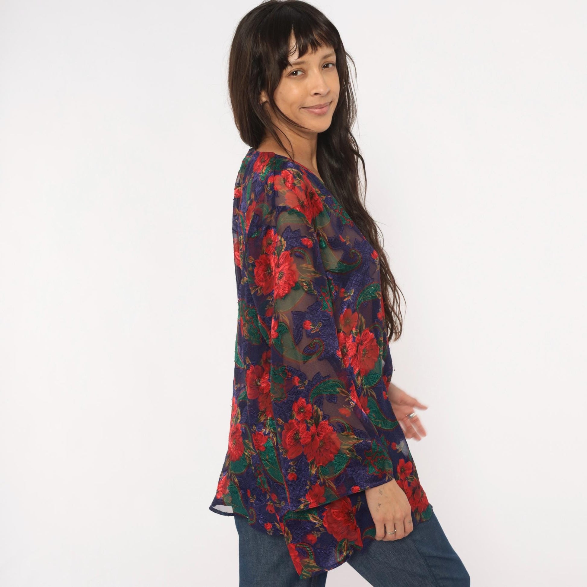 90s Victoria's Secret Sheer Kimono Robe Navy Floral Rose Print Small