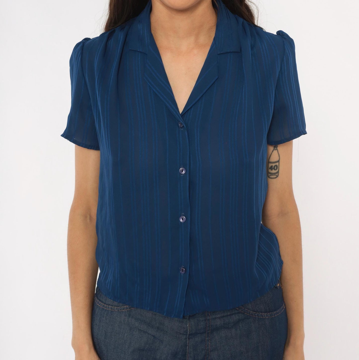 80s Shana Navy Striped Button Blouse Puff Shoulder V Neck Small