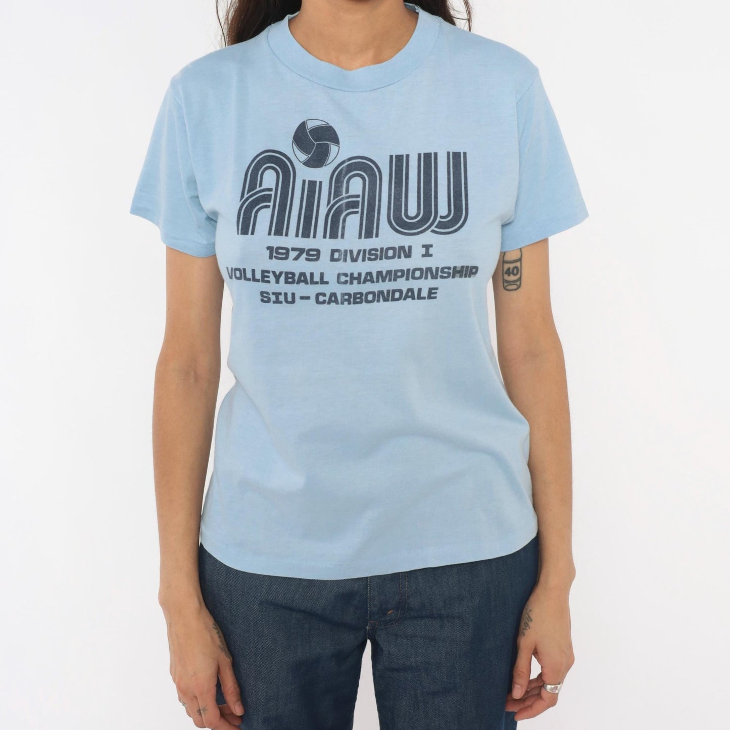 70s SIU Carbondale Volleyball Championship Graphic Tee Light Blue Small