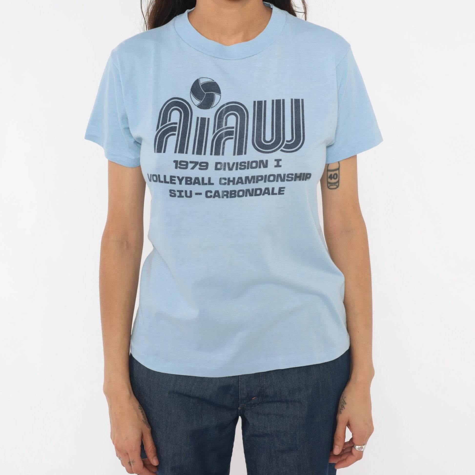 70s SIU Carbondale Volleyball Championship Graphic Tee Light Blue Small