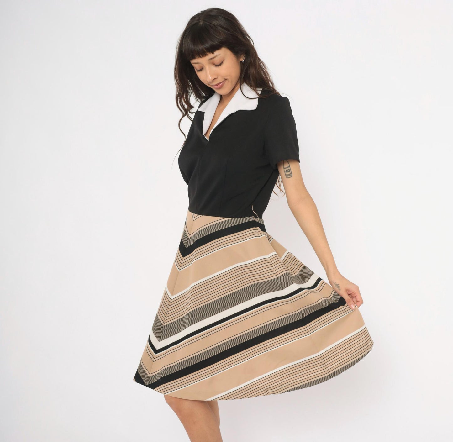 70s Lampl Chevron Stripe Polo Dress Black Tan Knee-Length Flared Large L