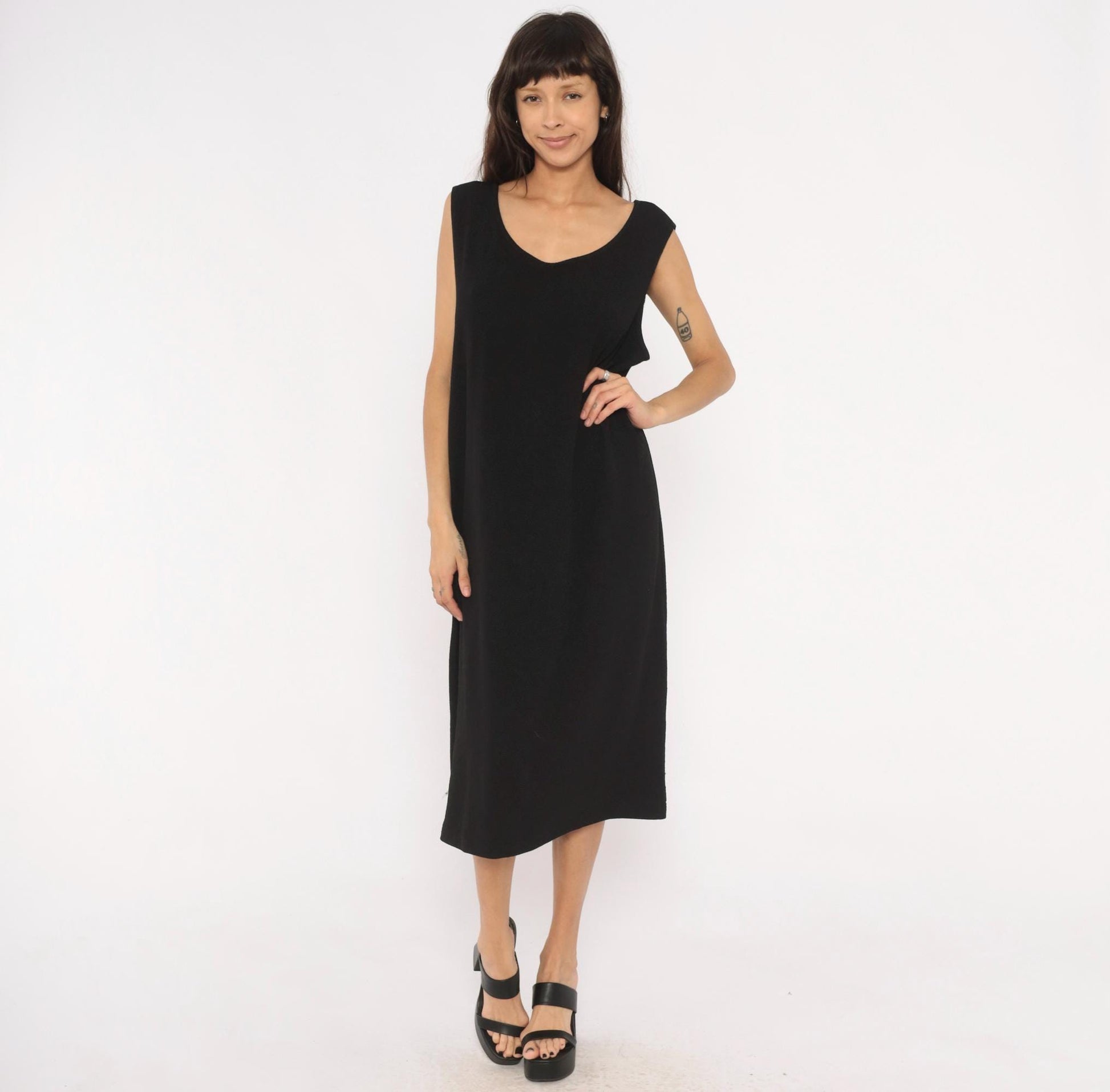90s Dana Kay Black Sleeveless Midi Dress Scoop Neck Column Extra Large