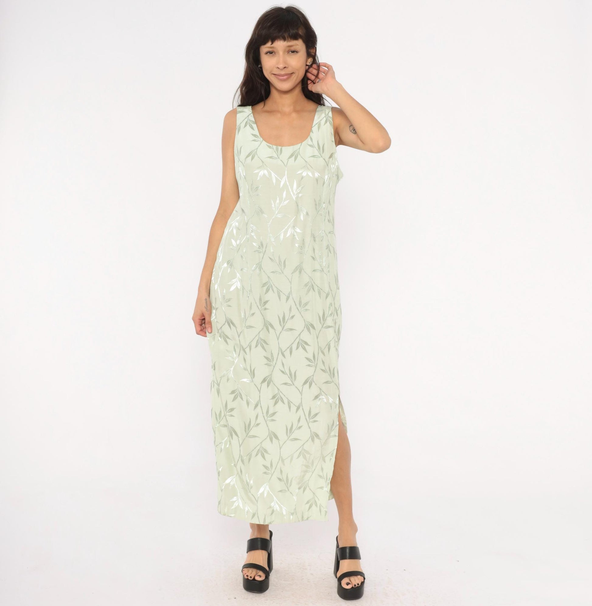 90s Sage Green Leaf Print Maxi Dress Sleeveless Scoop Neck Column Slit Ankle Large L