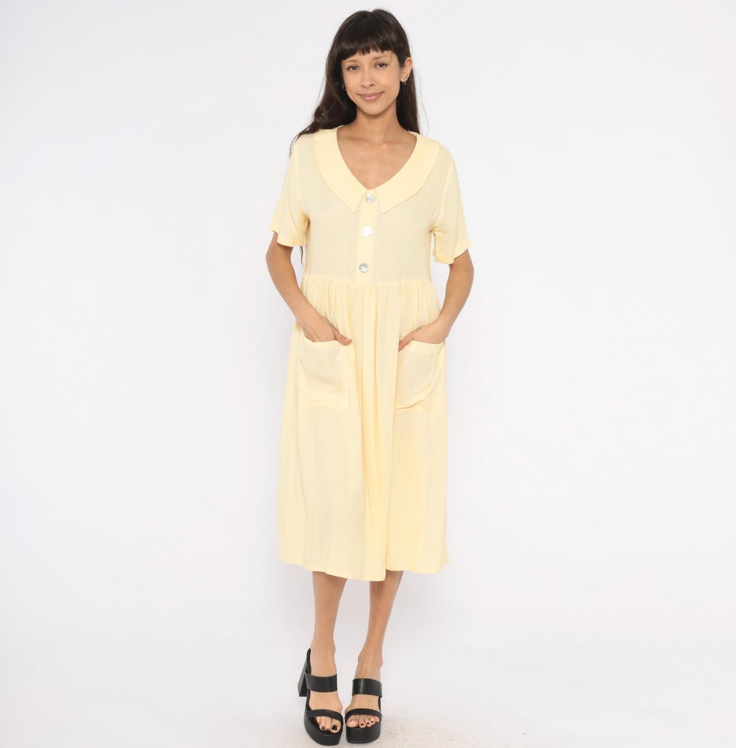90s Dressing Clio Yellow Gingham Midi Dress Peter Pan Collar Petite Medium
