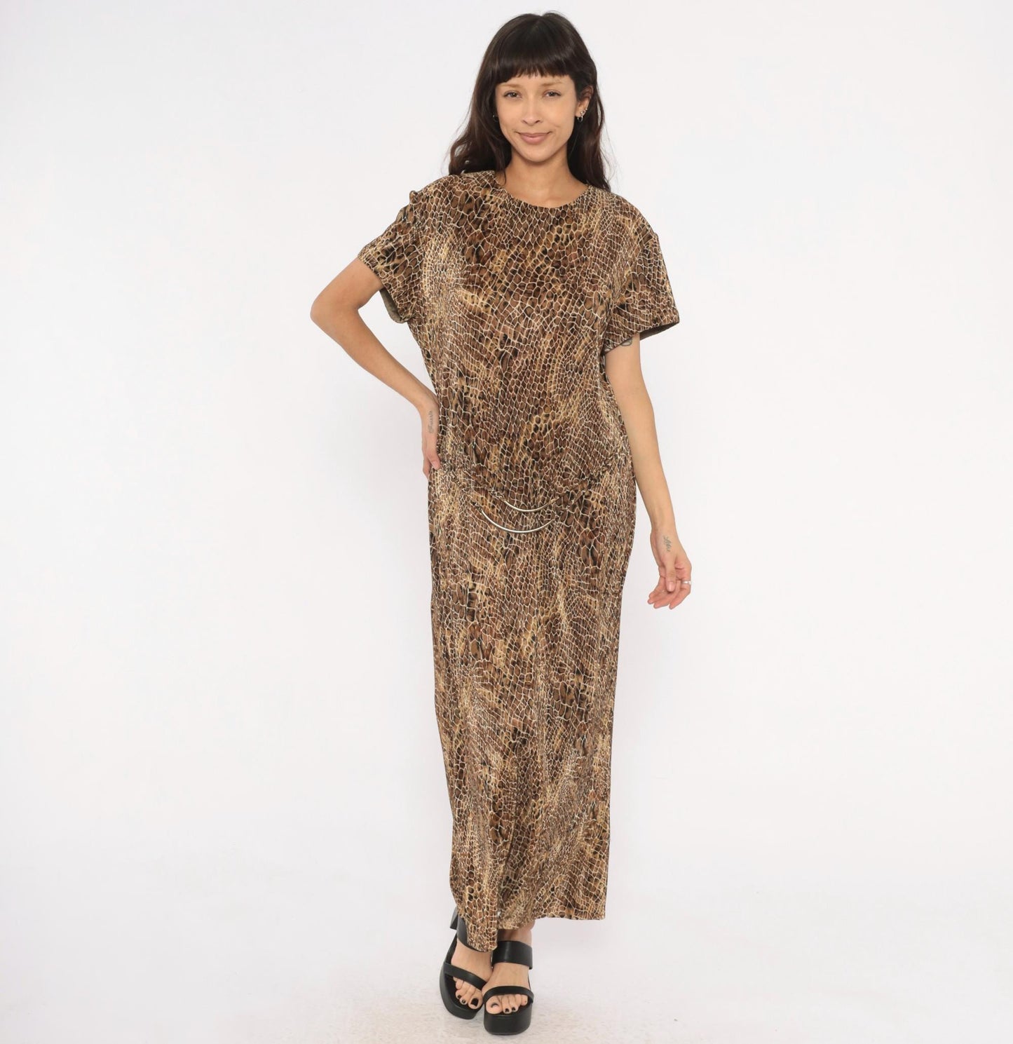90s Scarlett Snakeskin Maxi Dress Brown Tan Black Animal Print Shift Extra Large