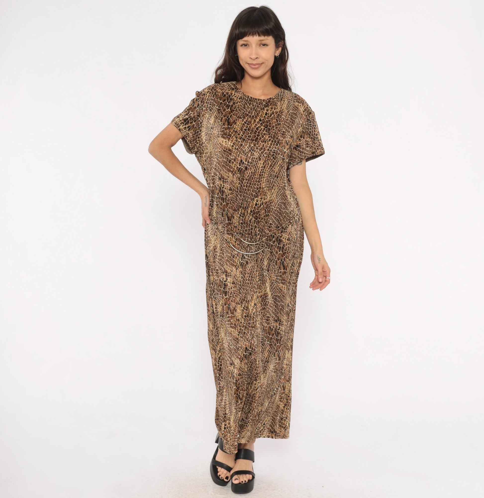 90s Scarlett Snakeskin Maxi Dress Brown Tan Black Animal Print Shift Extra Large