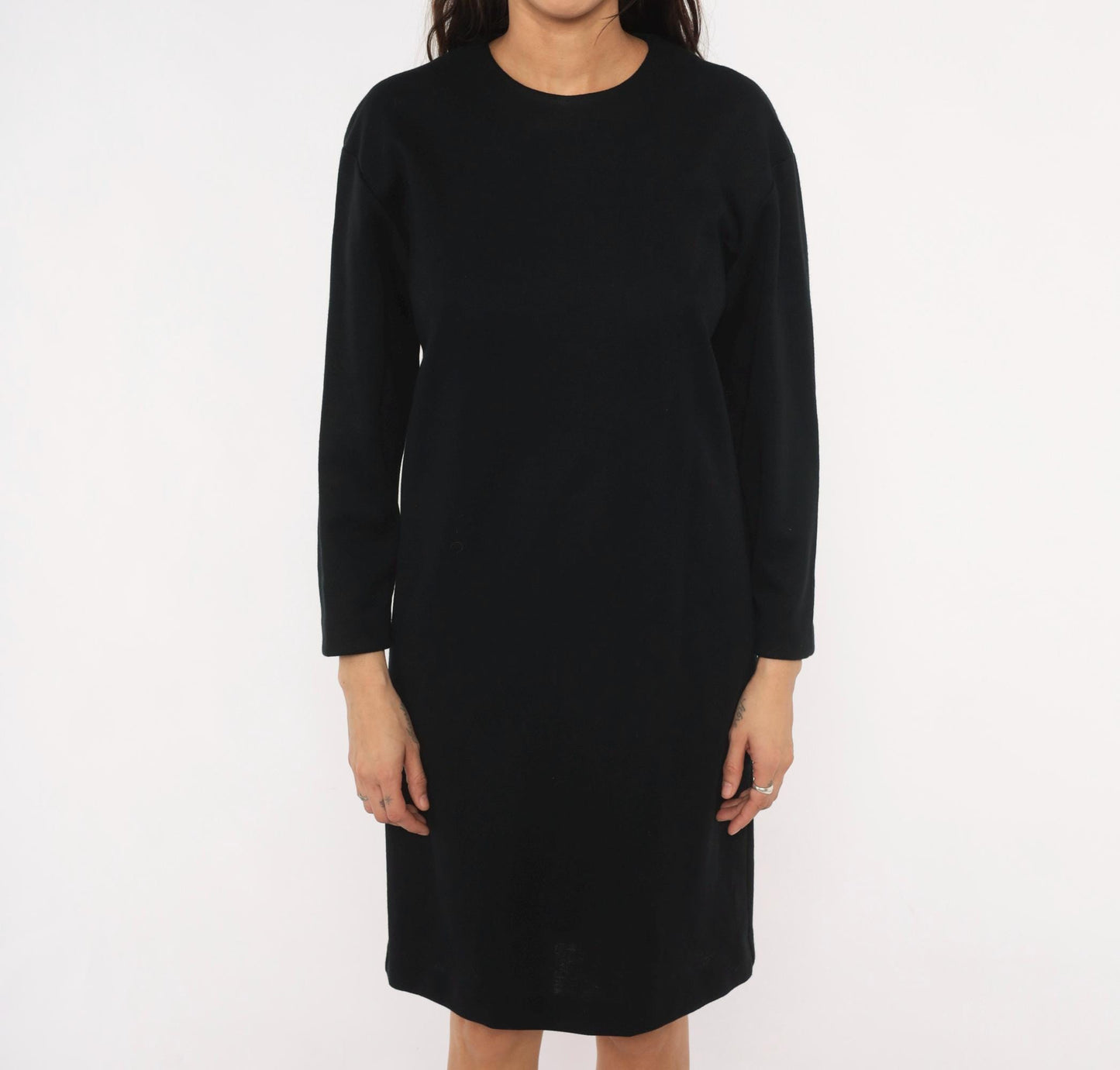 90s Positive Attitude Black Knit Dress Crew Neck Long Sleeve Knee-Length Large L