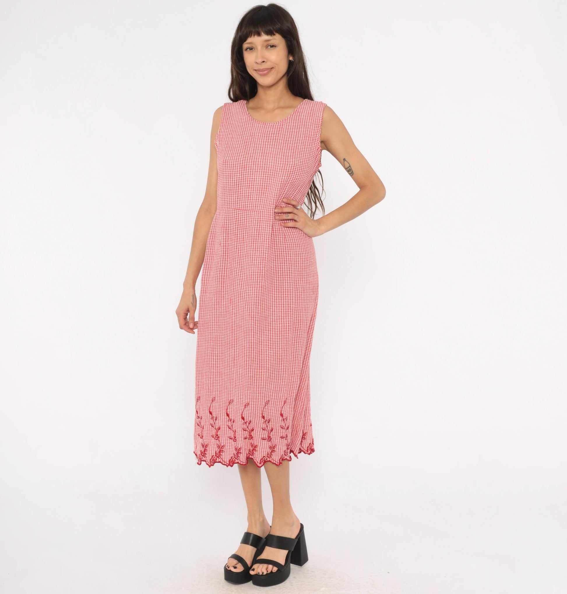 80s Country Wear Gingham Midi Dress Red White Embroidered Scalloped Petite Large
