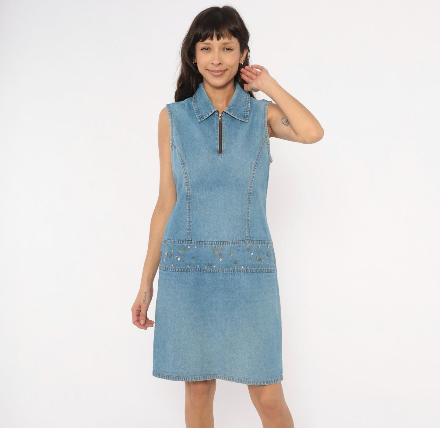2000s Metrostyle Denim Mini Dress Sleeveless Collared Blue Chambray Sequin Medium