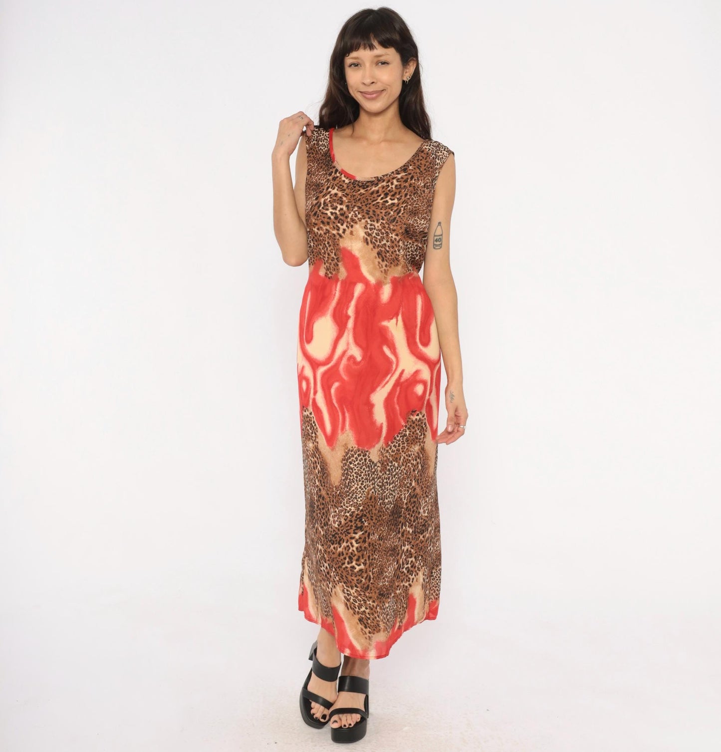 90s Leopard Flame Print Maxi Dress Sleeveless Scoop Neck Chiffon Tie Back XXL