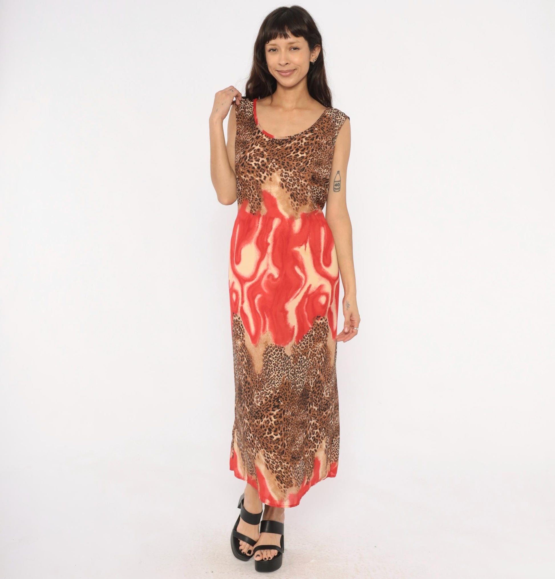 90s Leopard Flame Print Maxi Dress Sleeveless Scoop Neck Chiffon Tie Back XXL