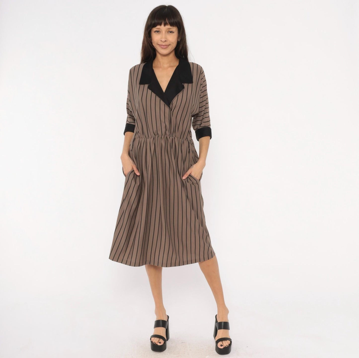 80s Studio Petites Striped Wrap Midi Dress Taupe Black Notched Collar Petite 14P