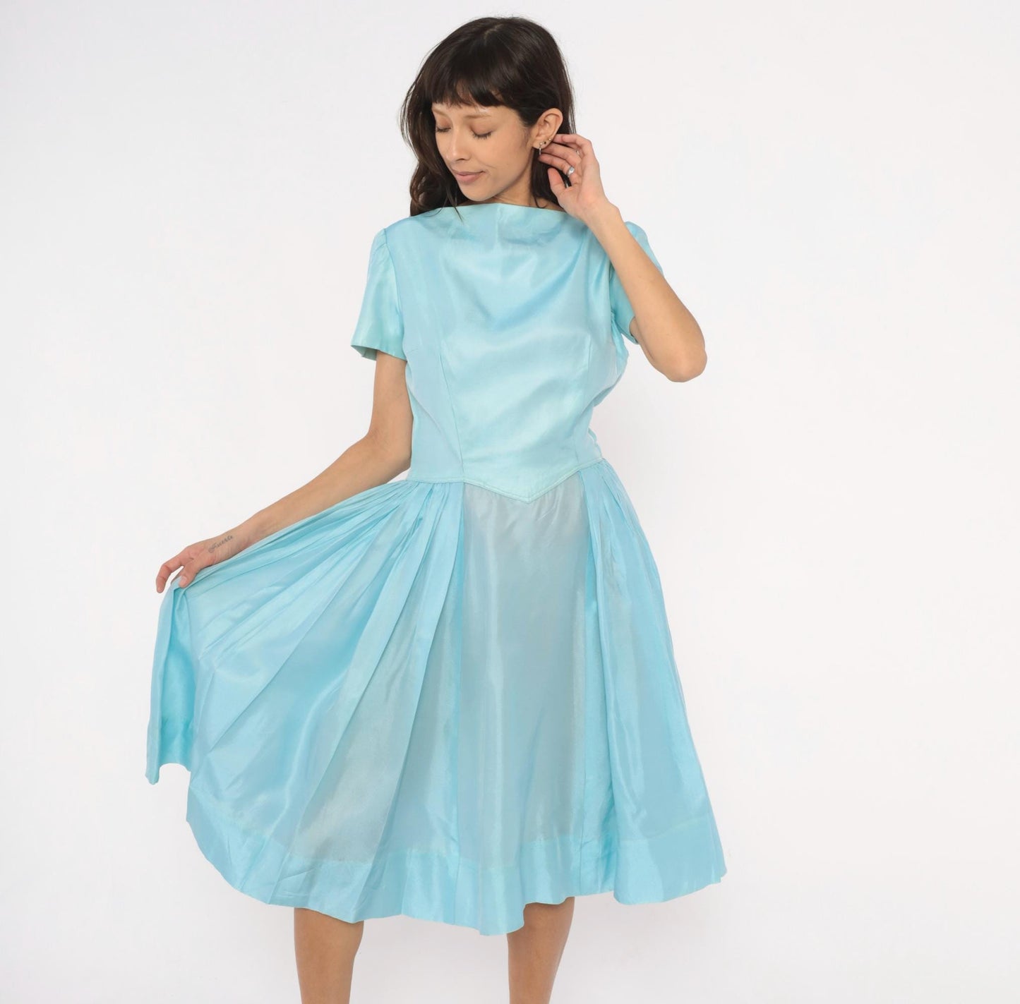 60s Baby Blue Fit-and-Flare Dress Basque Waist Pleated Knee-Length Large L