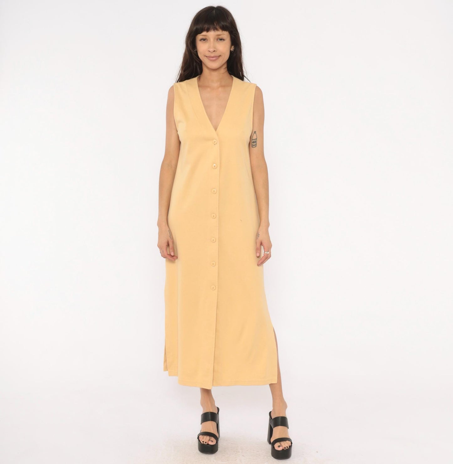 90s Weekenders Tan Maxi Dress Sleeveless V Neck Button Front Small