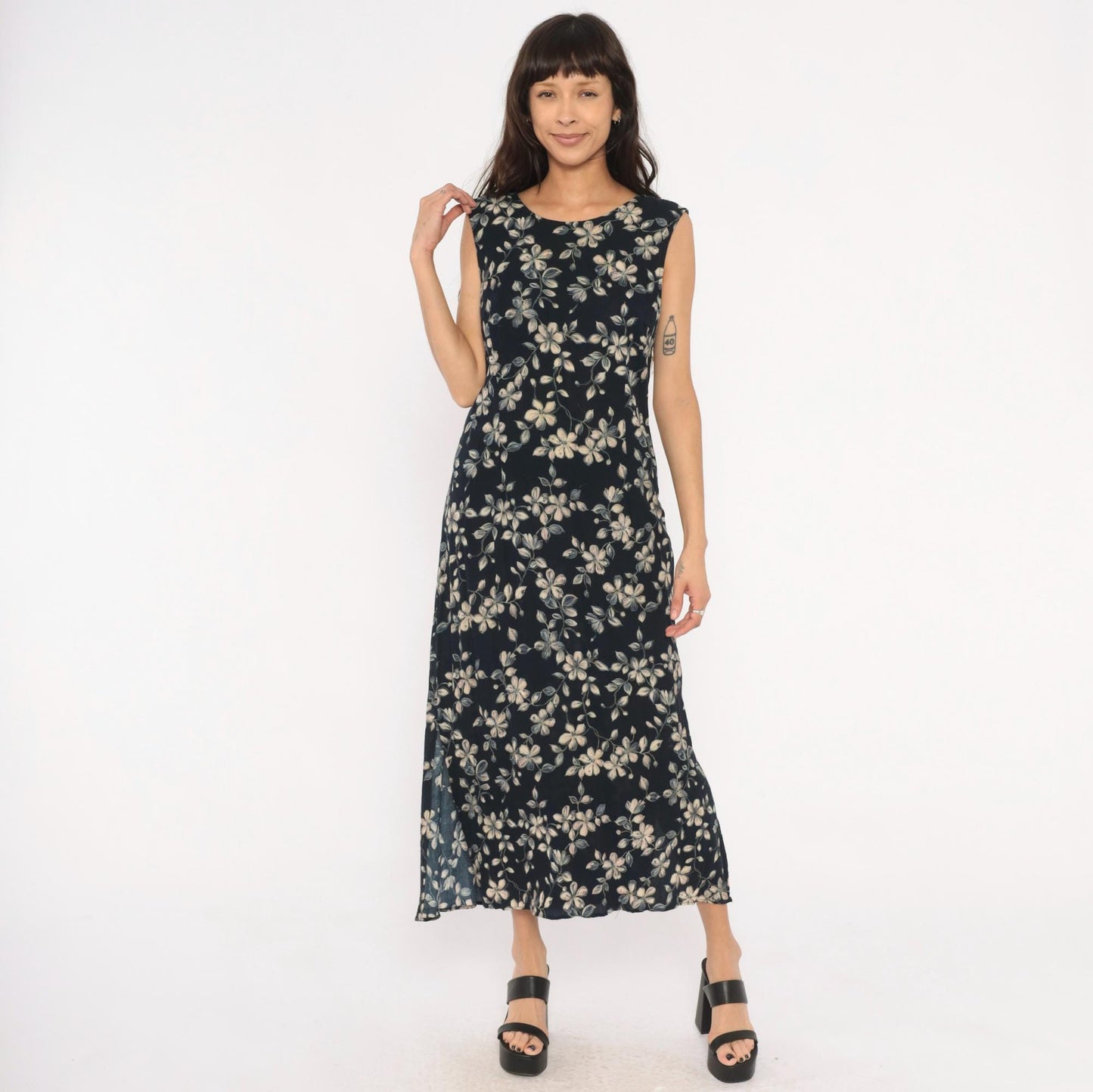 90s Northern Reflections Floral Maxi Dress Navy Cream Grey Keyhole Tie Back Large