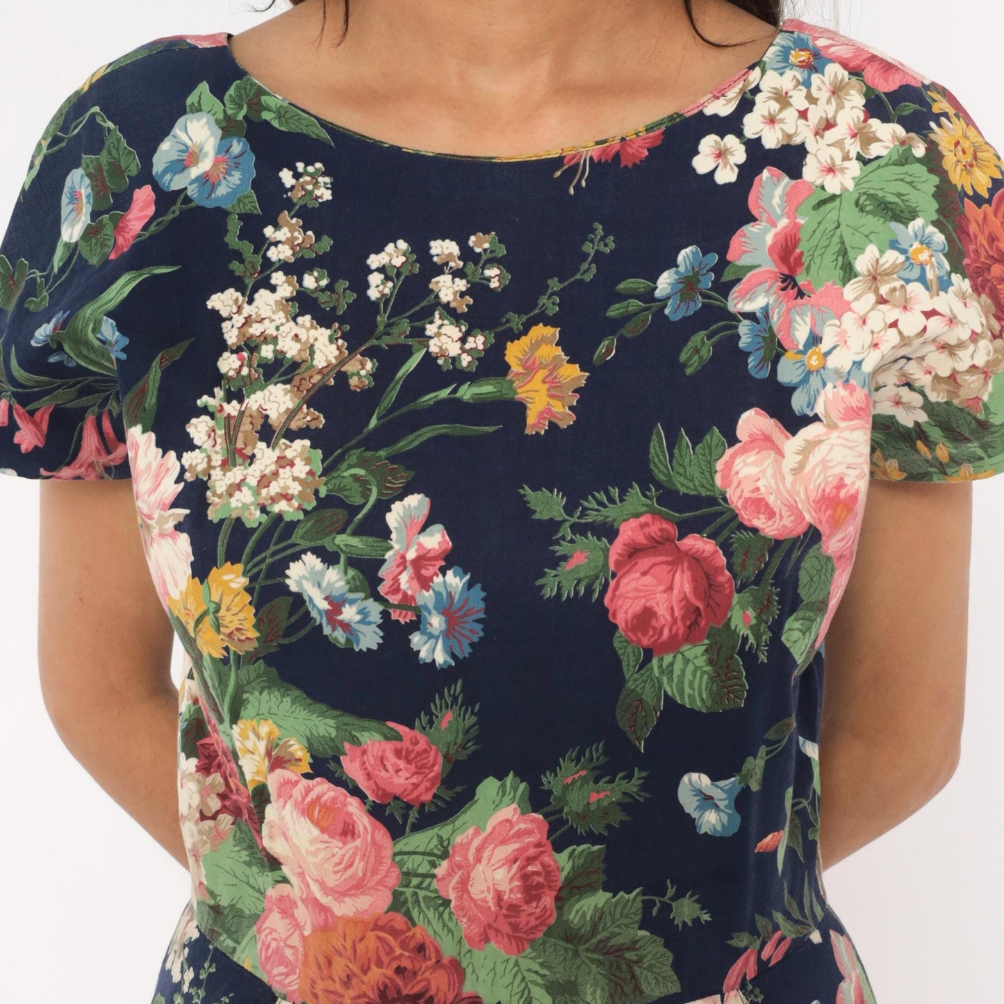 90s E.D. Michaels Floral Midi Dress Navy Cotton Garden Print Scoop Back Small