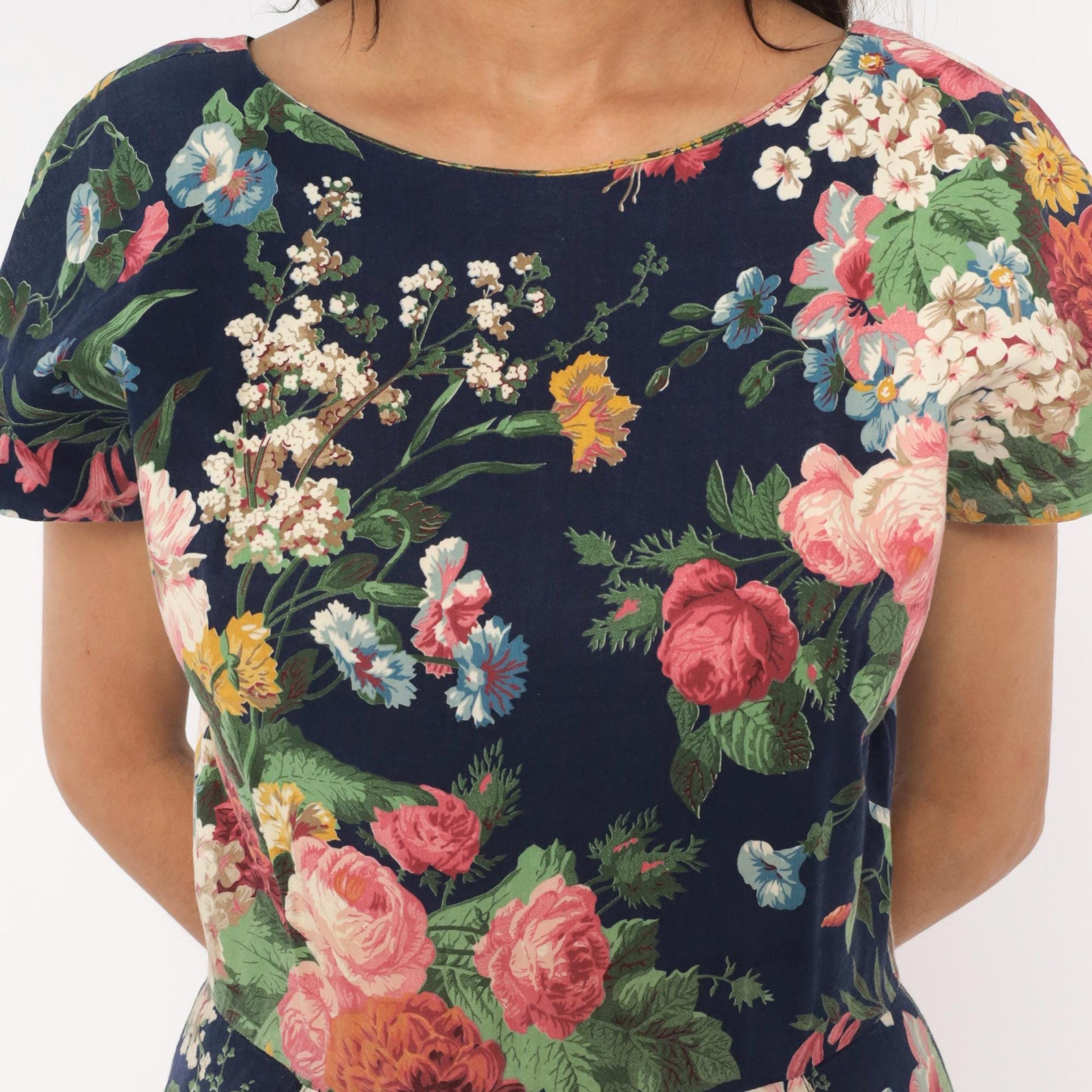 90s E.D. Michaels Floral Midi Dress Navy Cotton Garden Print Scoop Back Small