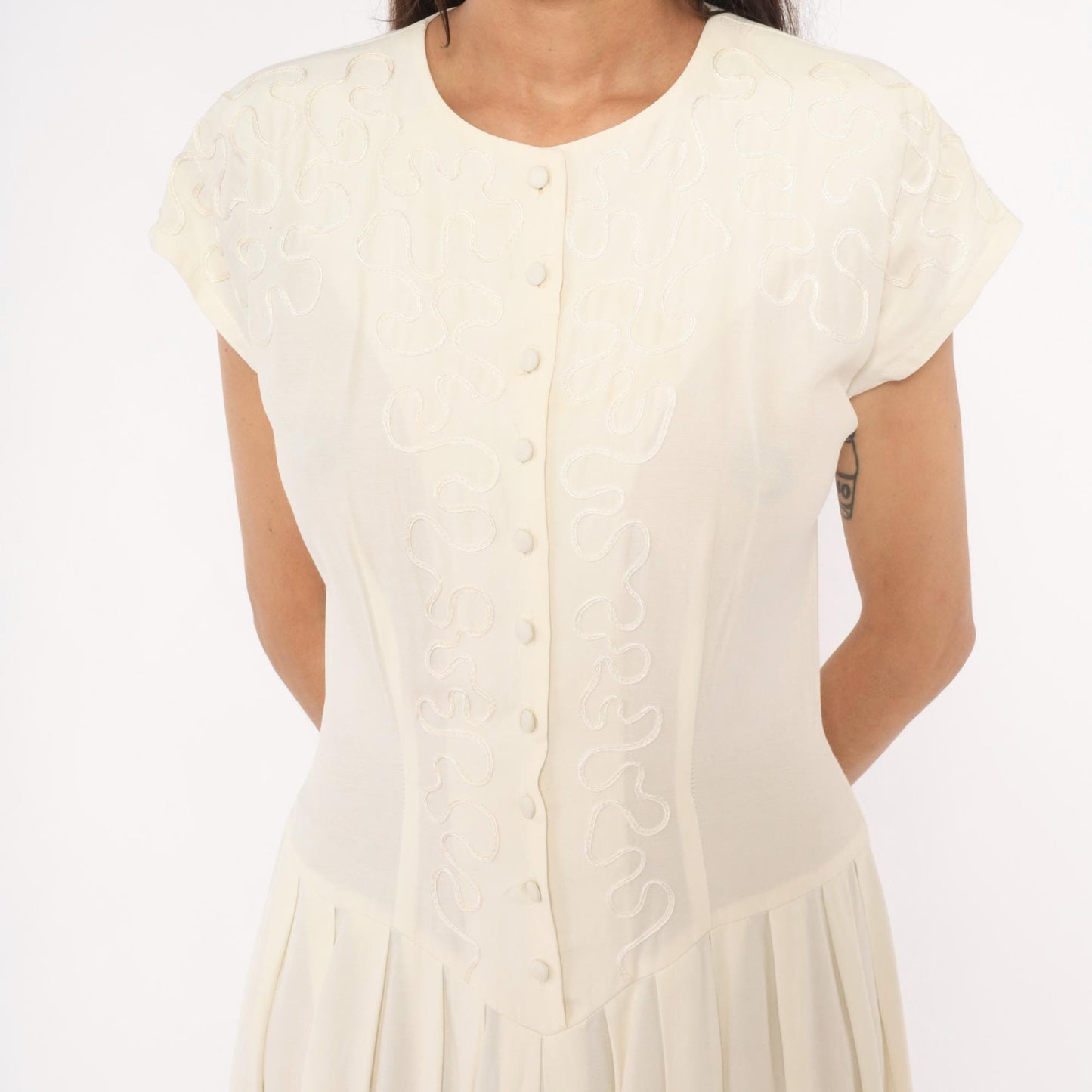 90s Jlt Soutache Embroidered Maxi Dress Cream Button Front Cap Sleeve Medium M