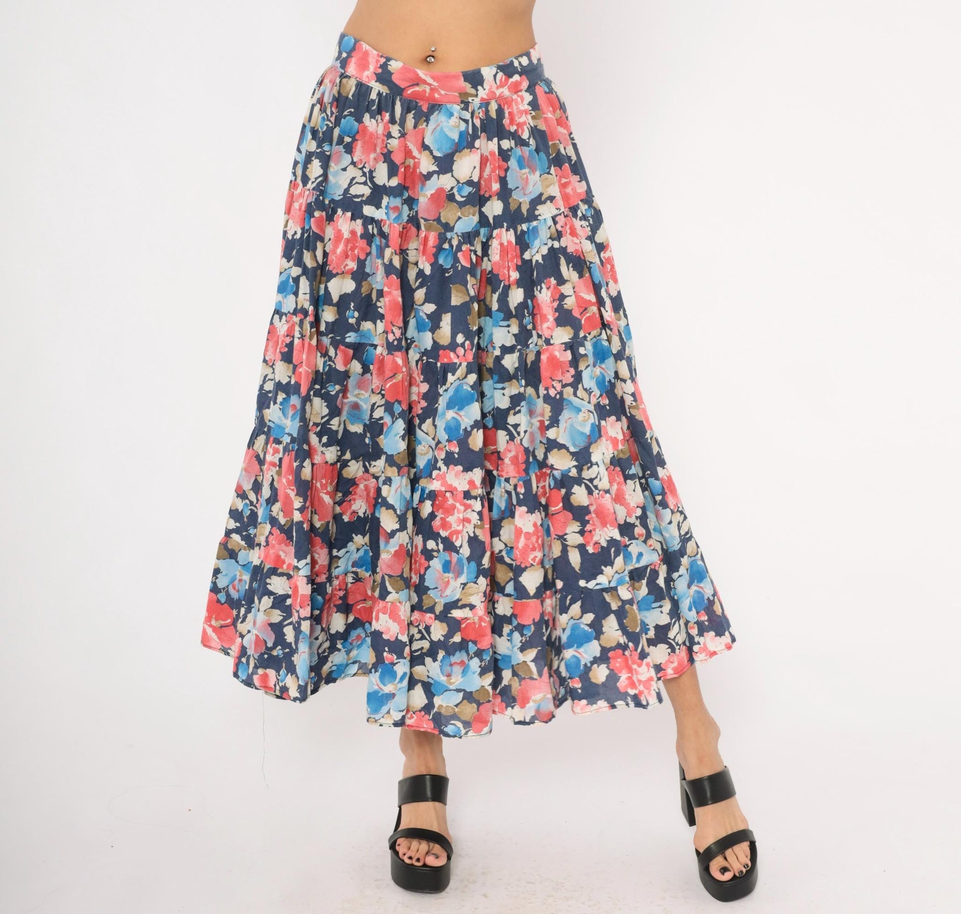 80s Navy Floral Tiered Cotton Midi Skirt Watercolor Print Large L
