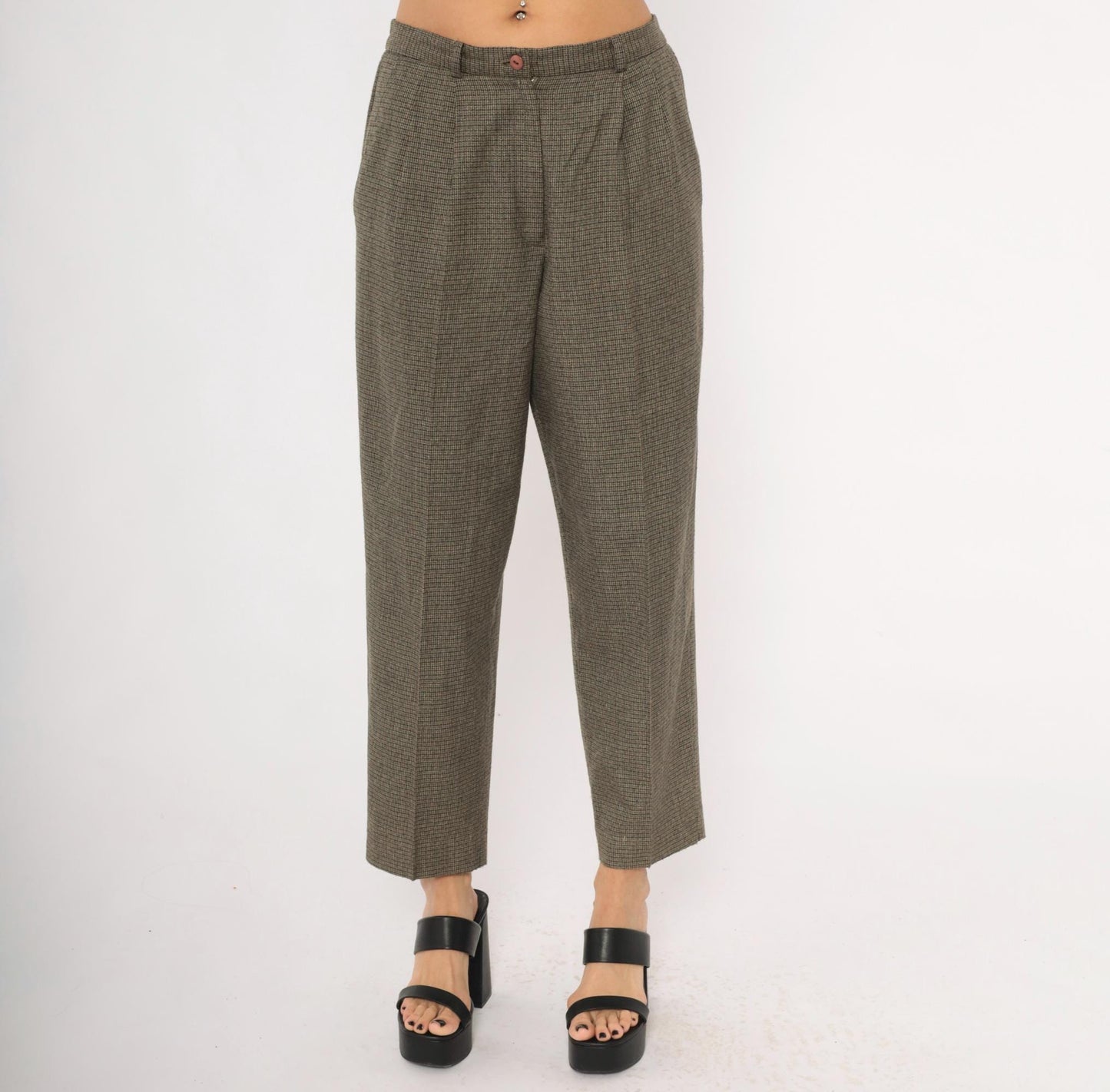 90s Requirements Houndstooth Pleated Trousers Olive High Waist Tapered Petite 8P